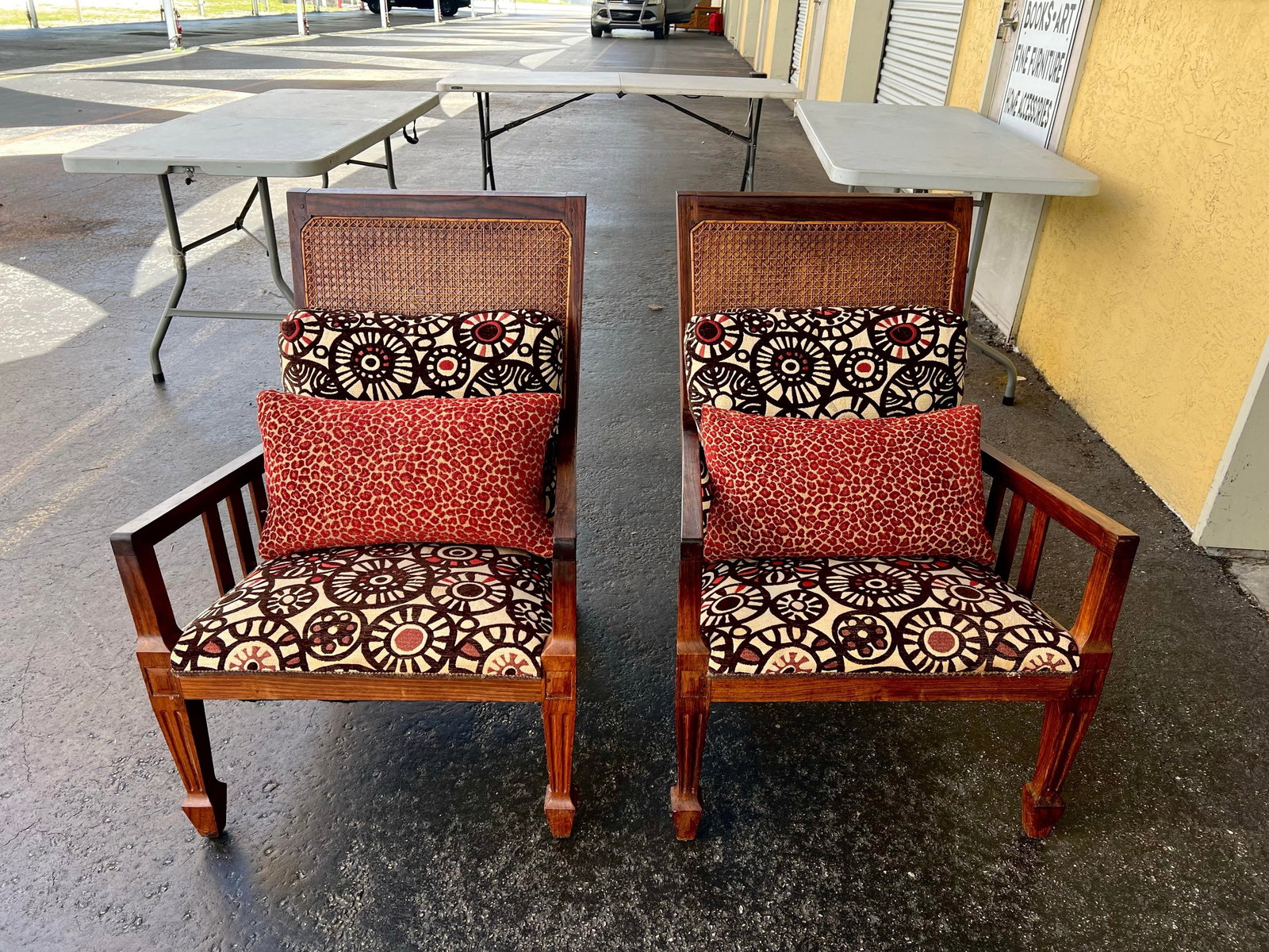 Vintage Mid Century Wood & Cane Back Chairs With Pillows - 6 - 7