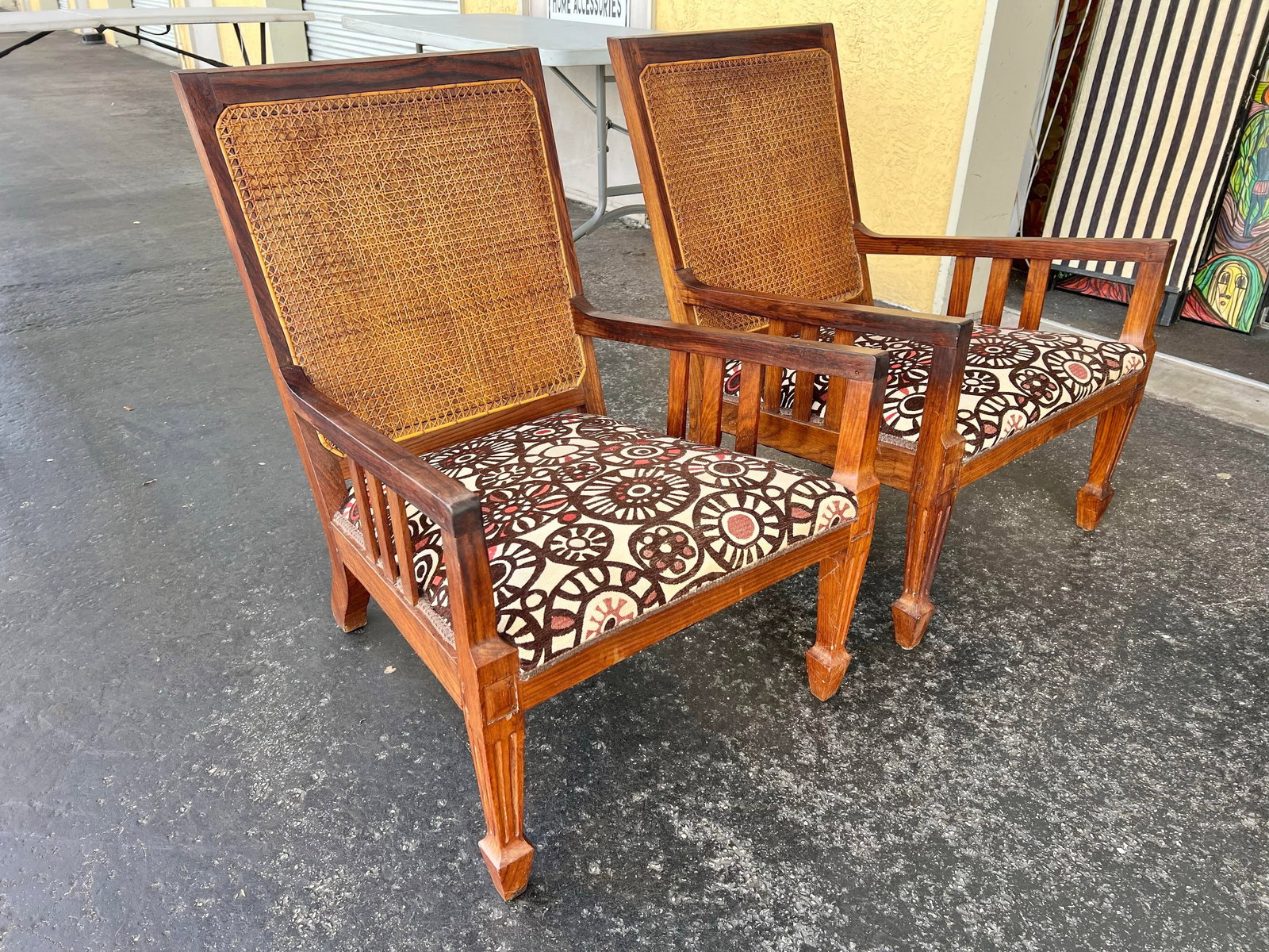 Vintage Mid Century Wood & Cane Back Chairs With Pillows - 6 - 8