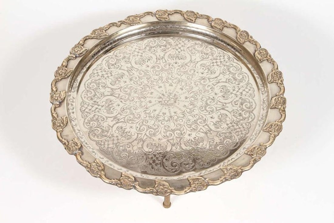 Antique Moroccan Silver-Plated Tea Tray Table on Removable Legs Fez, Circa 1920 - 2