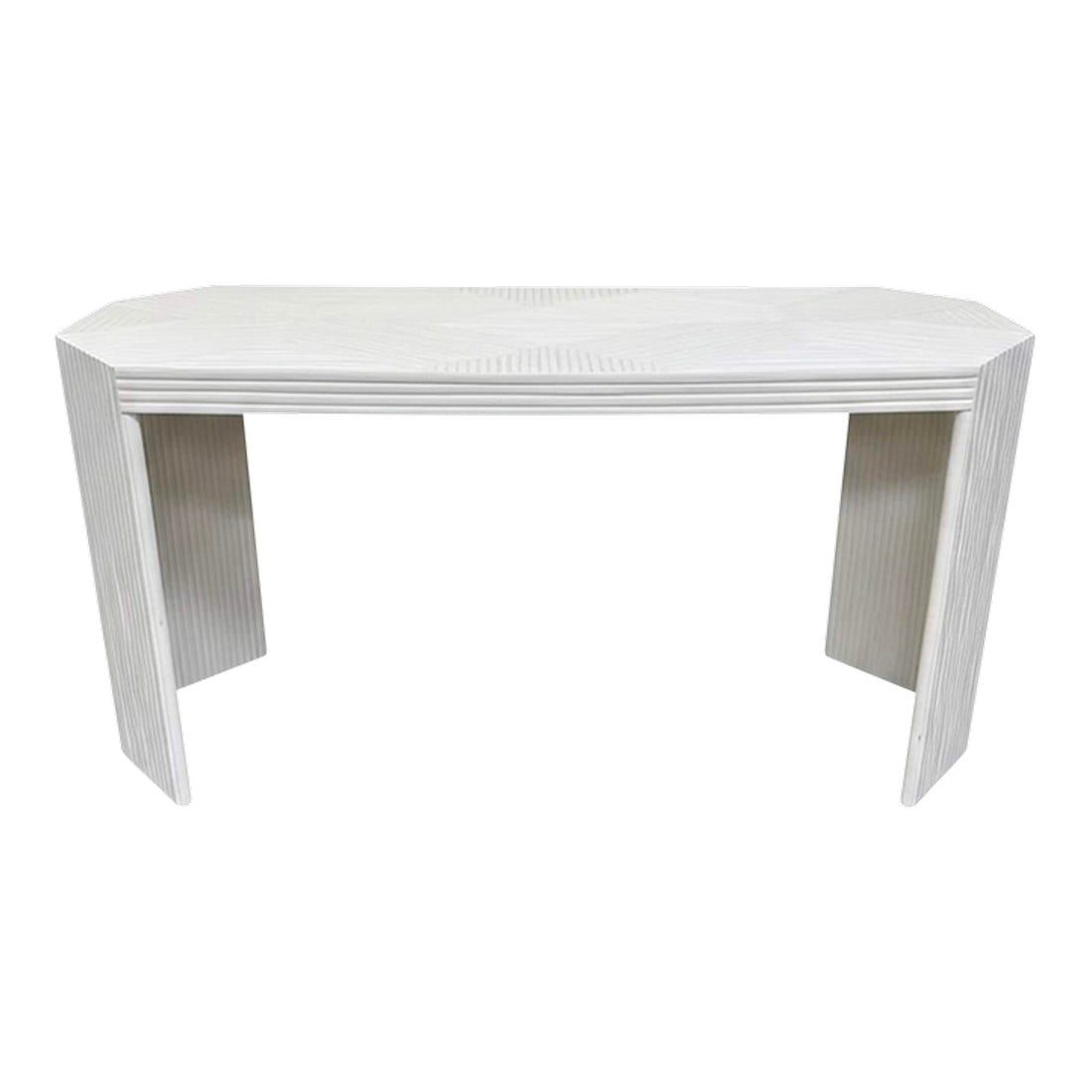 1970s Unique MCM Bamboo Marquetry Console Table: Mid century split bamboo console table. Individual bamboo pieces diagonally applied in sections at the tabletop creating a dramatic X effect in a painted white finish. Very good condition. 60 (length)