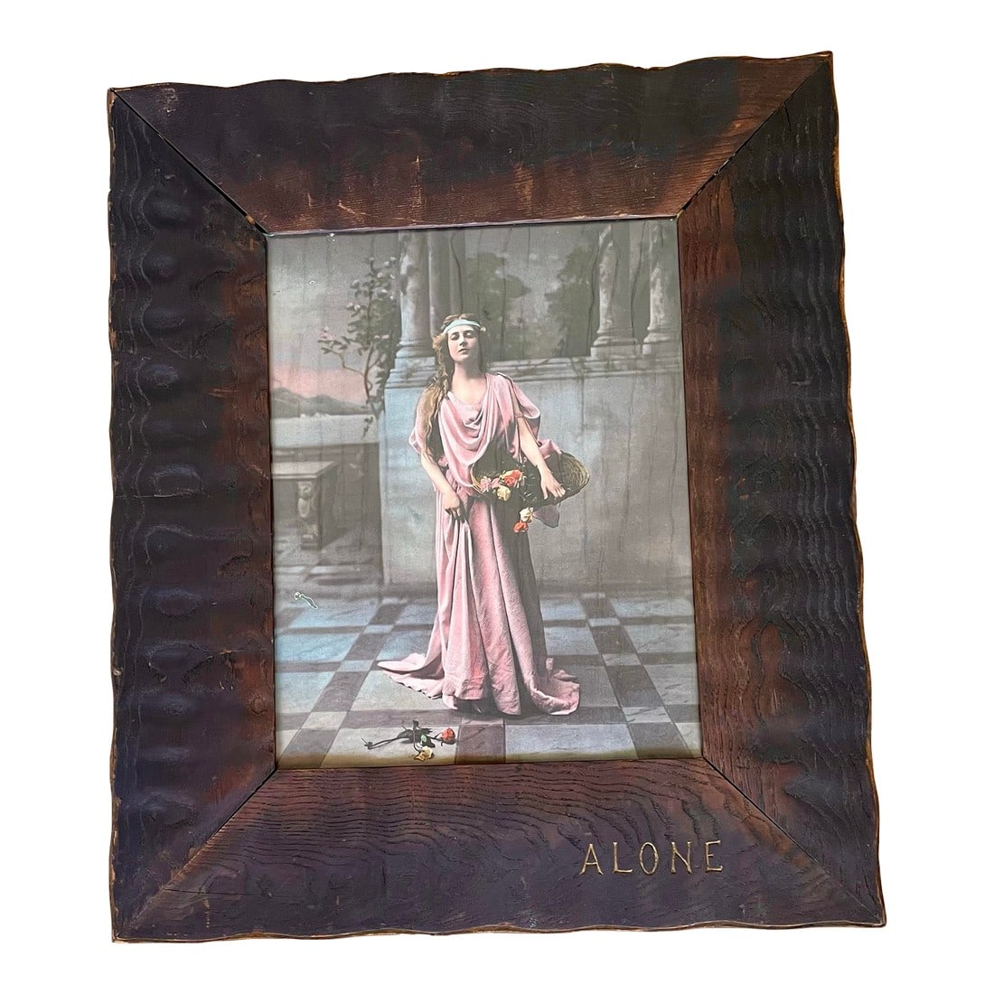 Early 20th Century Art Nouveau Arts & Crafts Hand Carved Oak Frame W/Print of Woman "Alone" Reproduc: This frame is hand carved in a wonderfully simple style with a wave like surface and a scalloped edge. It is finished with a dark stain that lightens slightly as it gets closer to the print and the