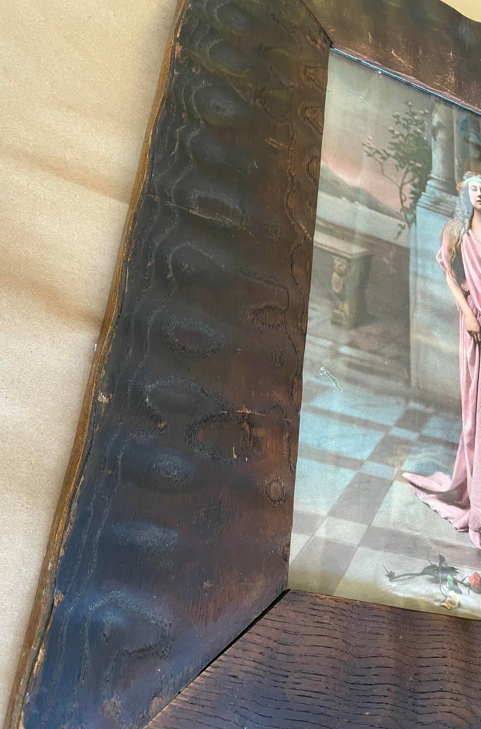 Early 20th Century Art Nouveau Arts & Crafts Hand Carved Oak Frame W/Print of Woman "Alone" Reproduc - 3