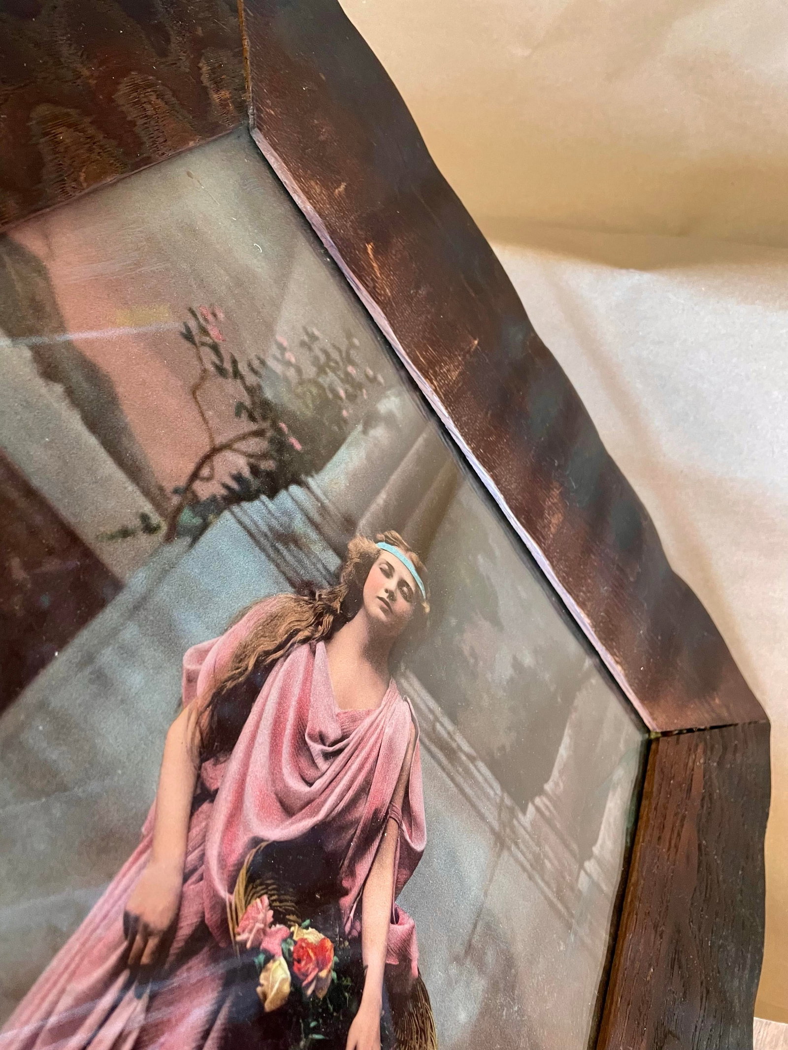 Early 20th Century Art Nouveau Arts & Crafts Hand Carved Oak Frame W/Print of Woman "Alone" Reproduc - 5