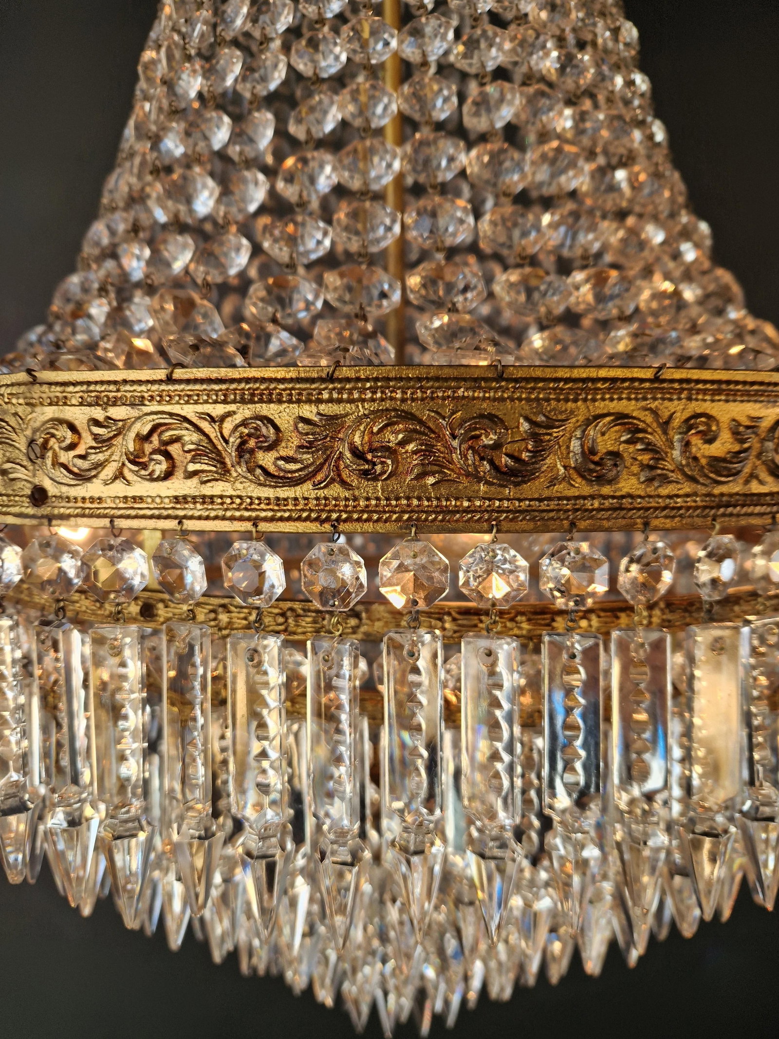 Antique Crystal Basket Chandelier Brass Directoire Style Restored Empire Italy - 10