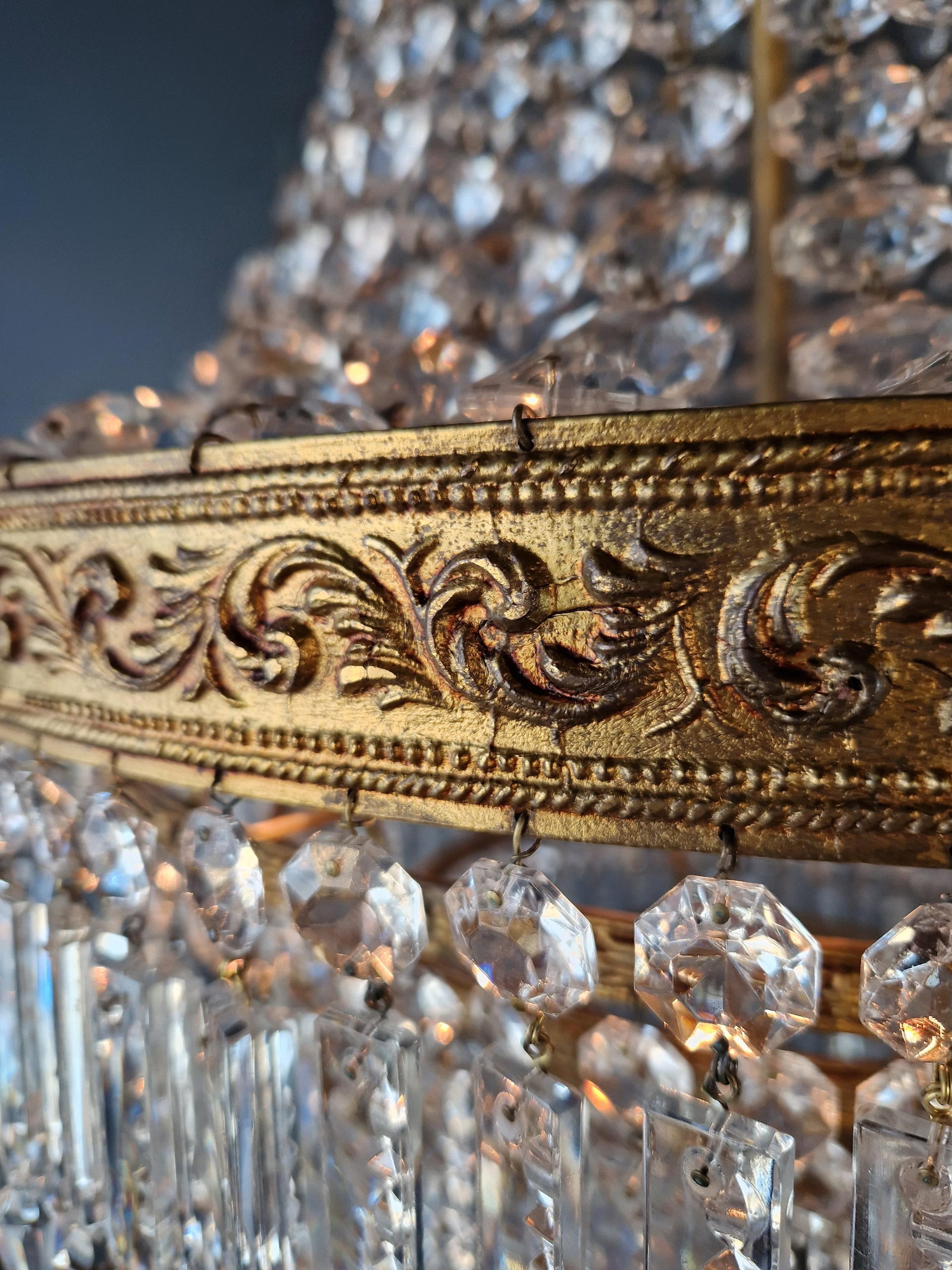 Antique Crystal Basket Chandelier Brass Directoire Style Restored Empire Italy - 11