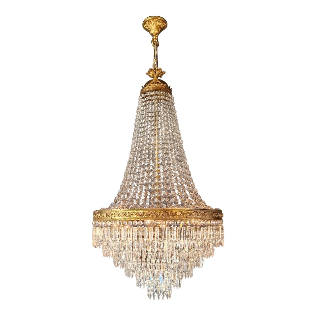 Antique Crystal Basket Chandelier Brass Directoire Style Restored Empire Italy: A well balanced basket chandelier that stands out not through excess, but through proportion and quiet elegance. This piece has been fully restored in our Berlin workshop. The electrical system has be