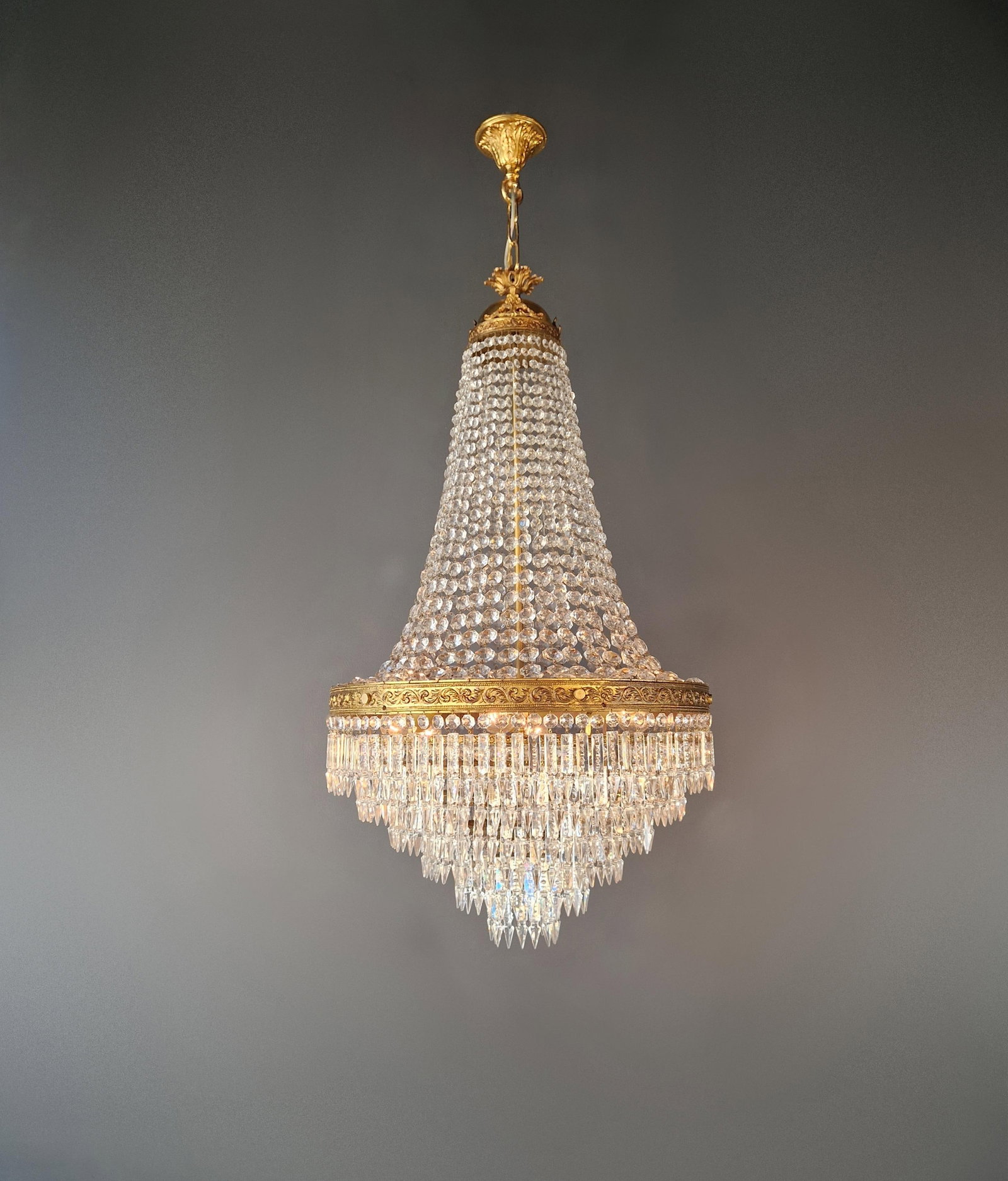 Antique Crystal Basket Chandelier Brass Directoire Style Restored Empire Italy - 2