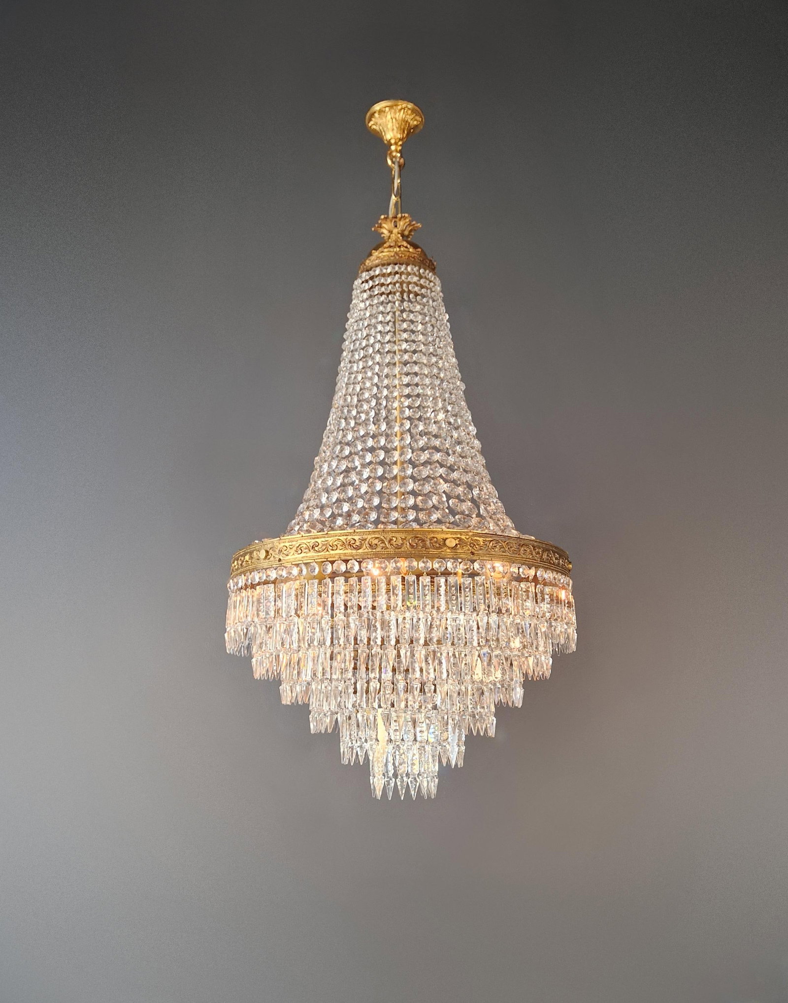 Antique Crystal Basket Chandelier Brass Directoire Style Restored Empire Italy - 3