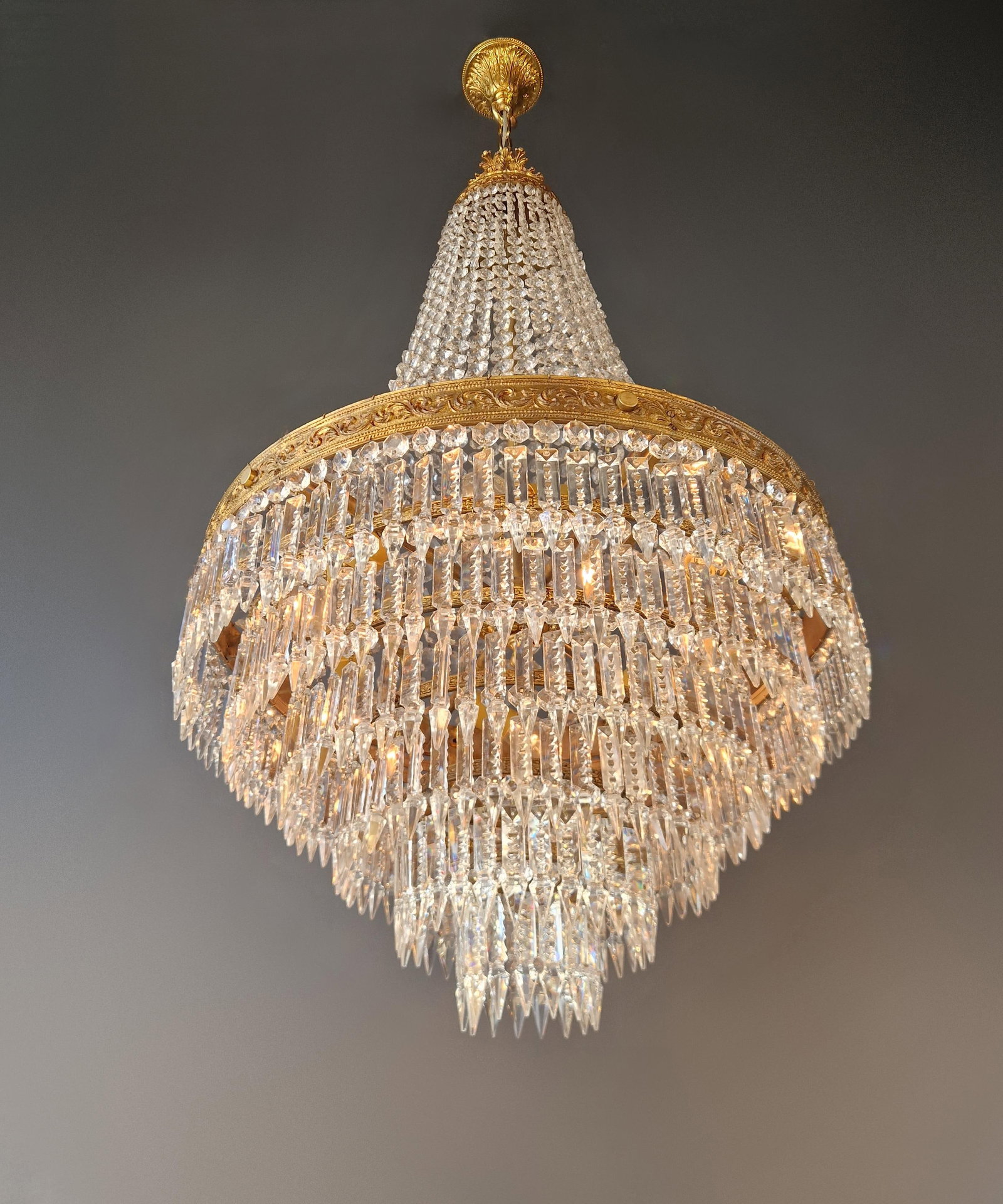 Antique Crystal Basket Chandelier Brass Directoire Style Restored Empire Italy - 4