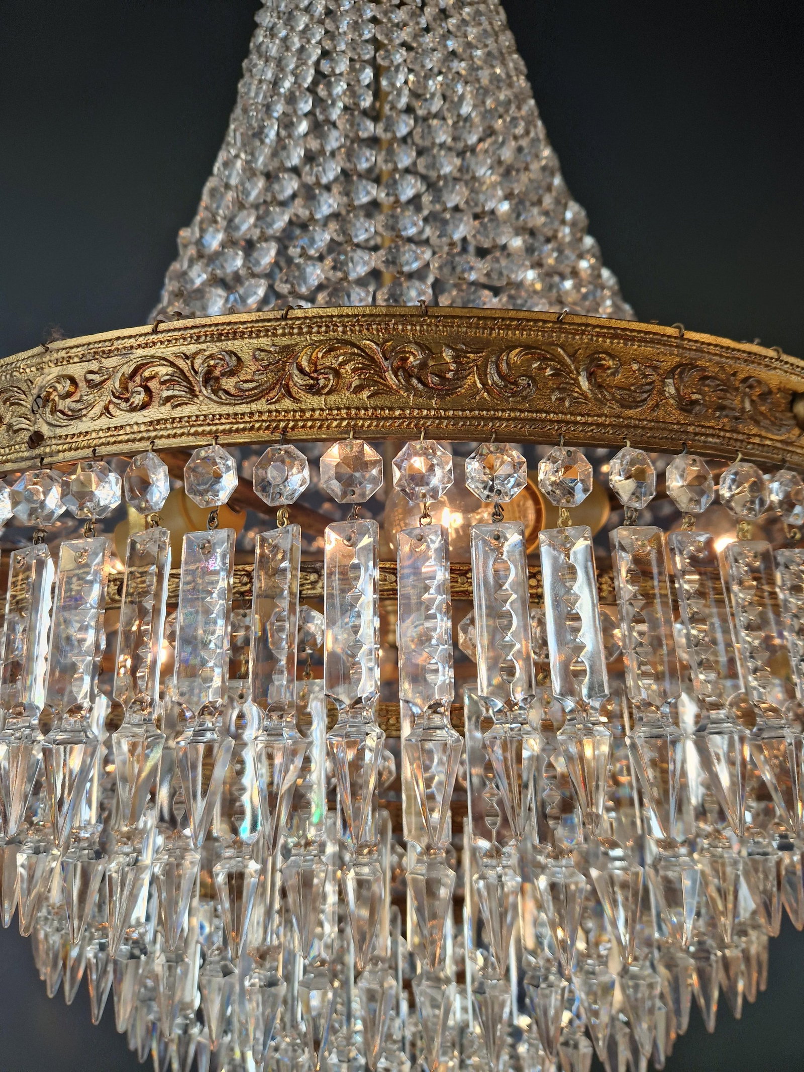 Antique Crystal Basket Chandelier Brass Directoire Style Restored Empire Italy - 5