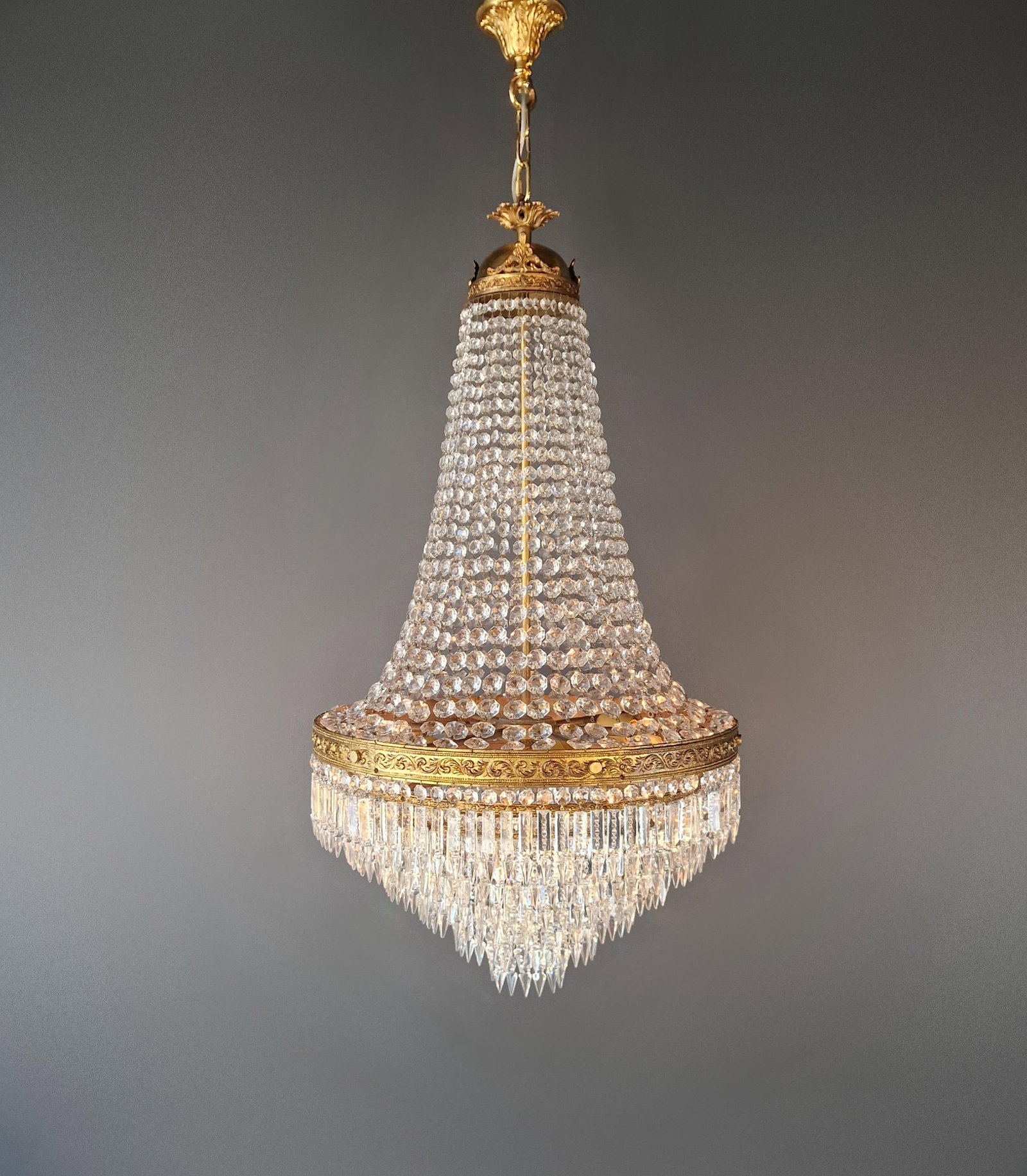 Antique Crystal Basket Chandelier Brass Directoire Style Restored Empire Italy - 7