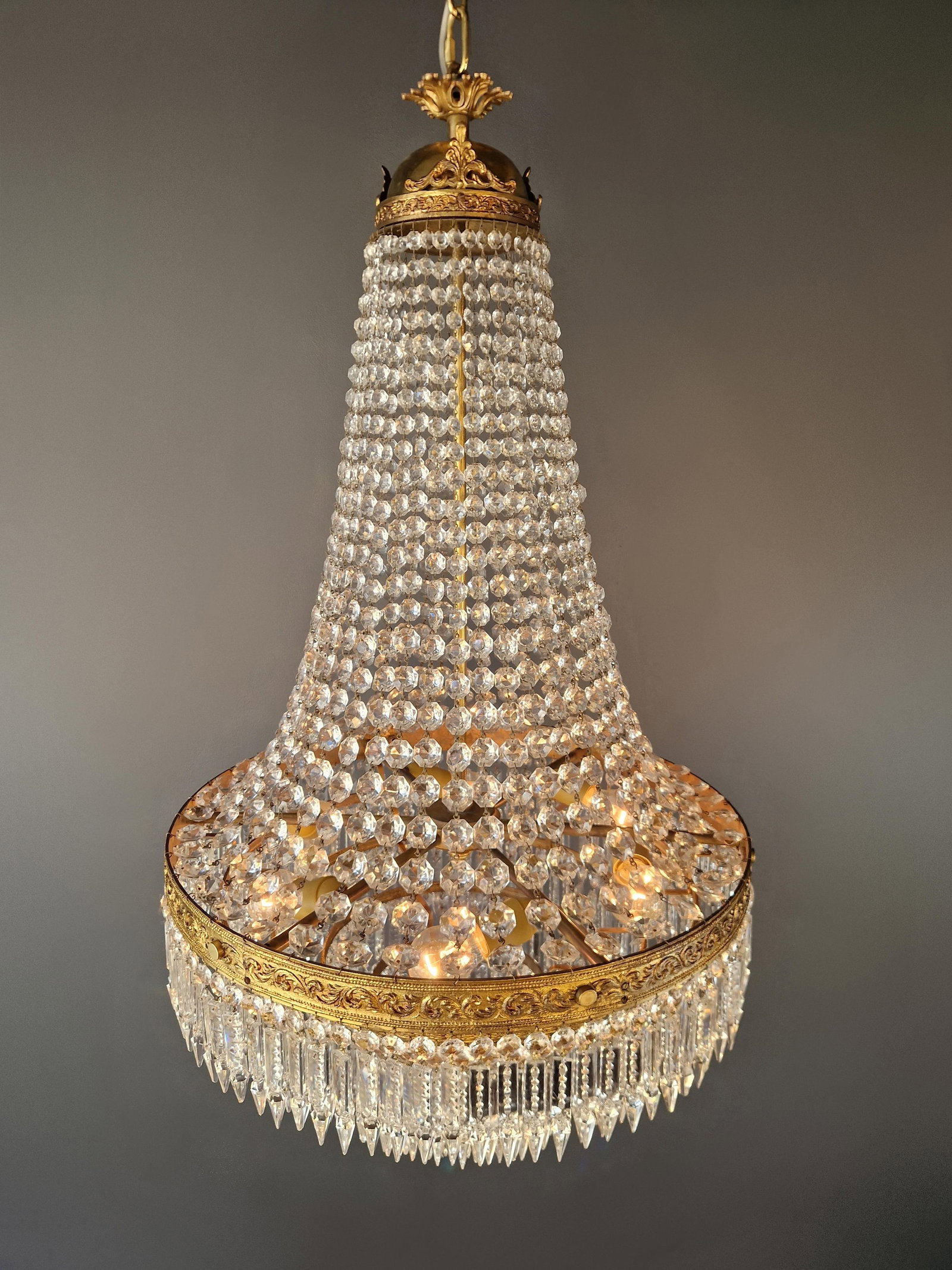 Antique Crystal Basket Chandelier Brass Directoire Style Restored Empire Italy - 8