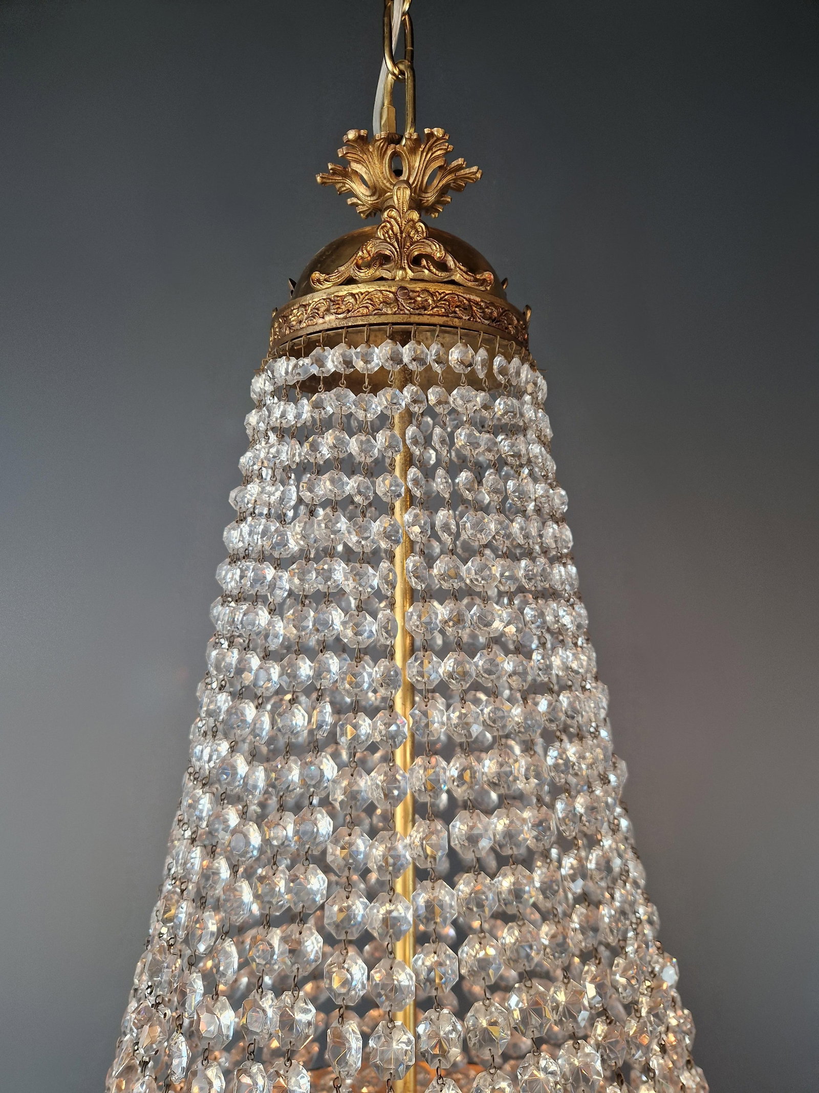 Antique Crystal Basket Chandelier Brass Directoire Style Restored Empire Italy - 9