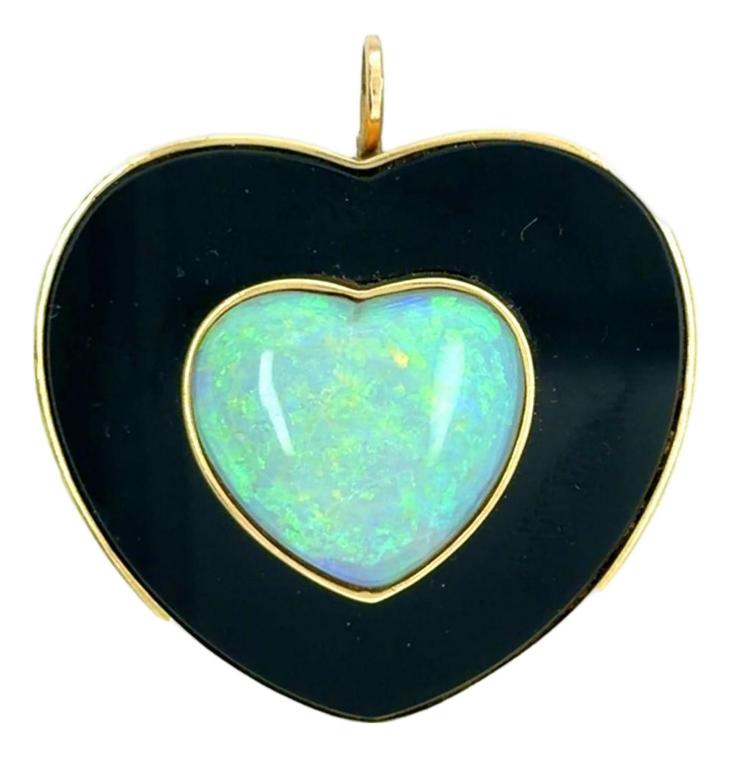 Late 20th Century 14k Opal & Enamel Pendant / Brooch: 14k Framed Enamel Heart set with approximately 5 carat heart shape Australian Pin-fire Opal. Can be worn as a pendant or brooch. 18.05 grams Condition: Alterations: Original Condition Unaltered