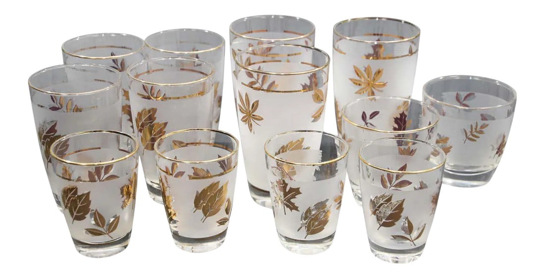 Vintage Midcentury Libbey Frosted and Golden Foliage Cocktail Glasses - Set of 13 (1 of 11)