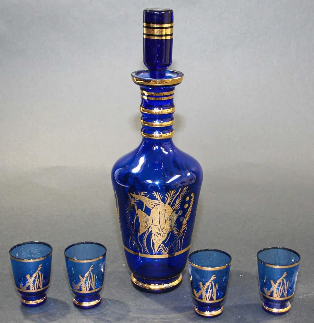 Cobalt Blue Enameled Glass Liquor Set Decanter and Glassesy - Set of 5 - 10