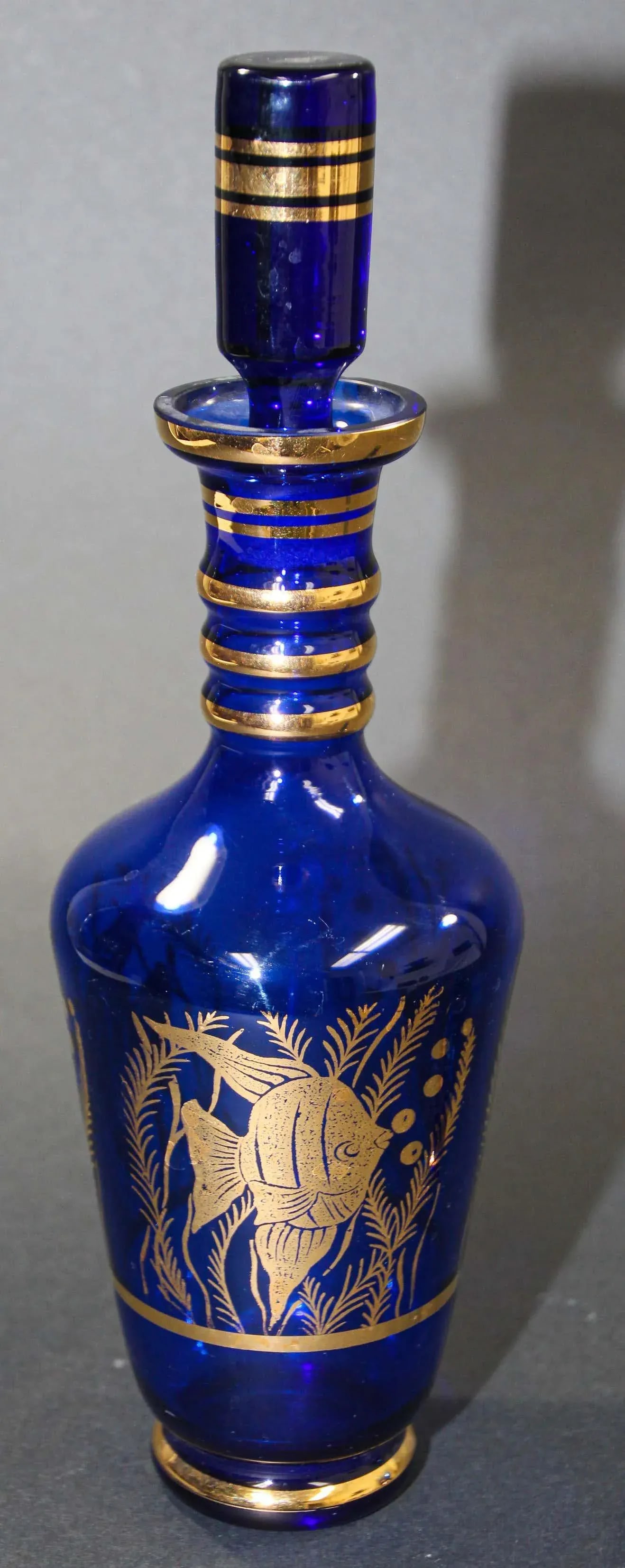 Cobalt Blue Enameled Glass Liquor Set Decanter and Glassesy - Set of 5 - 12