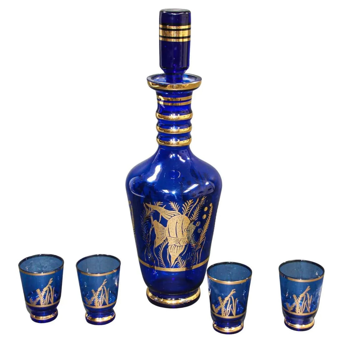 Cobalt Blue Enameled Glass Liquor Set Decanter and Glassesy - Set of 5 - 13