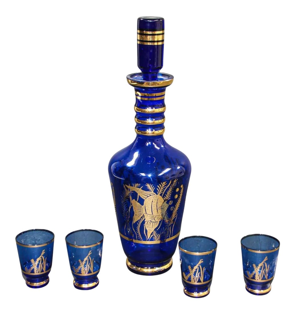 Cobalt Blue Enameled Glass Liquor Set Decanter and Glassesy - Set of 5 (1 of 13)