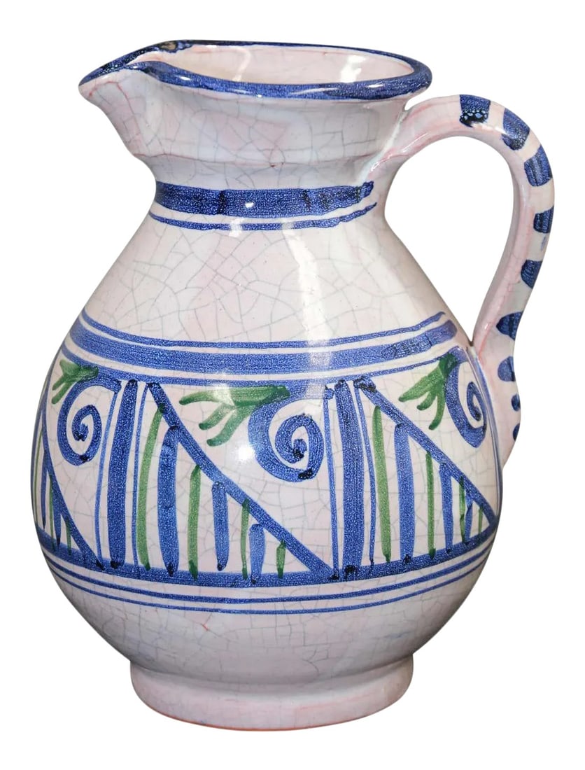 1960s Talavera Handcrafted Ceramic Glazed Vase Pitcher: Glazed polychrome ceramic Talavera pitcher or flower vase with blue, green and white design. Hand painted Talavera ceramic pitcher, handcrafted by skilled artisans in Spain in the Picasso style.