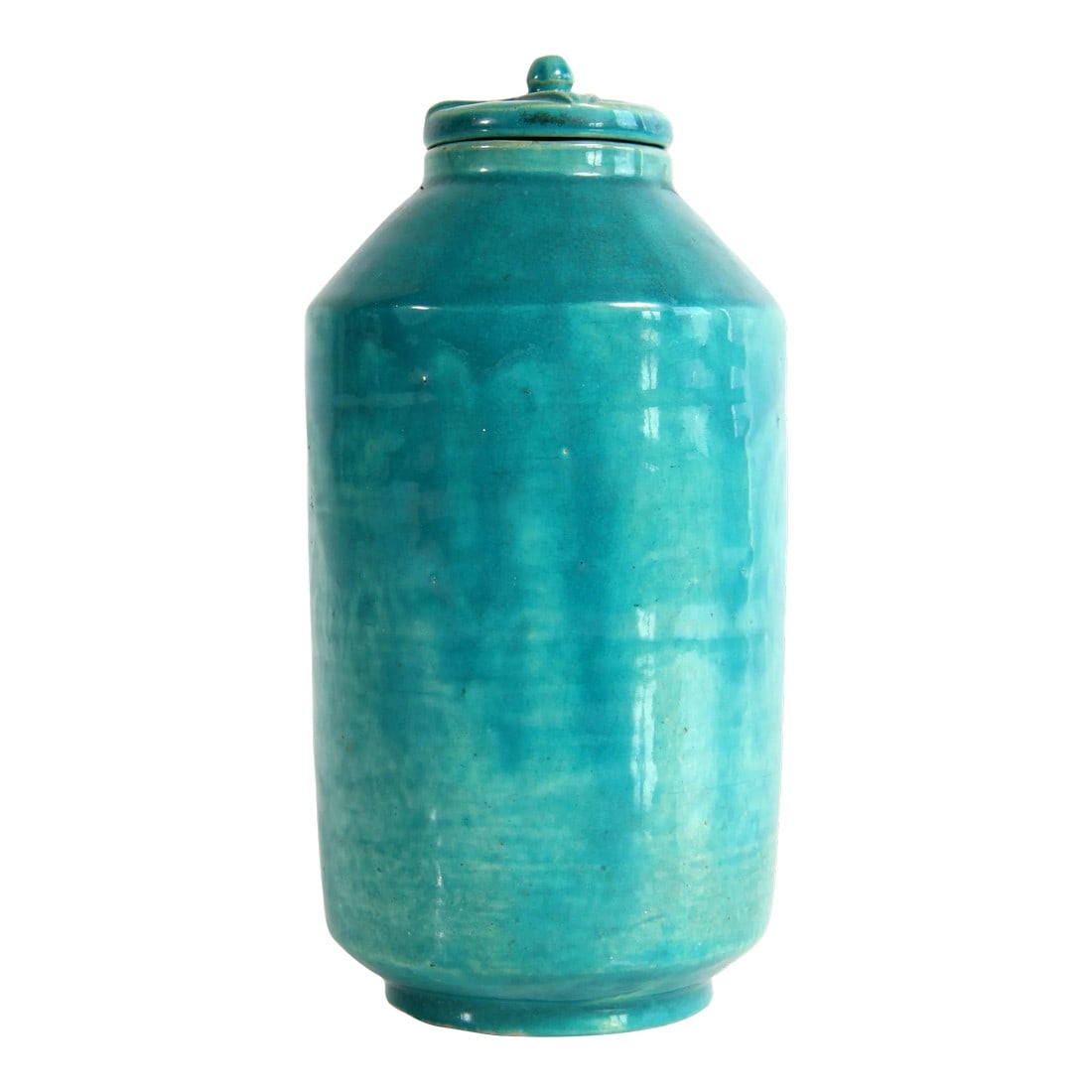 Vintage C.1938 Lidded Studio Pottery Jar in Turquoise Glaze: Absolutely beautiful vintage c.1937 turquoise studio pottery lidded jar! It has fabulous color and depth to it, and a great form, with a beautiful pedaled lid as shown! It is signed CA or AC in a