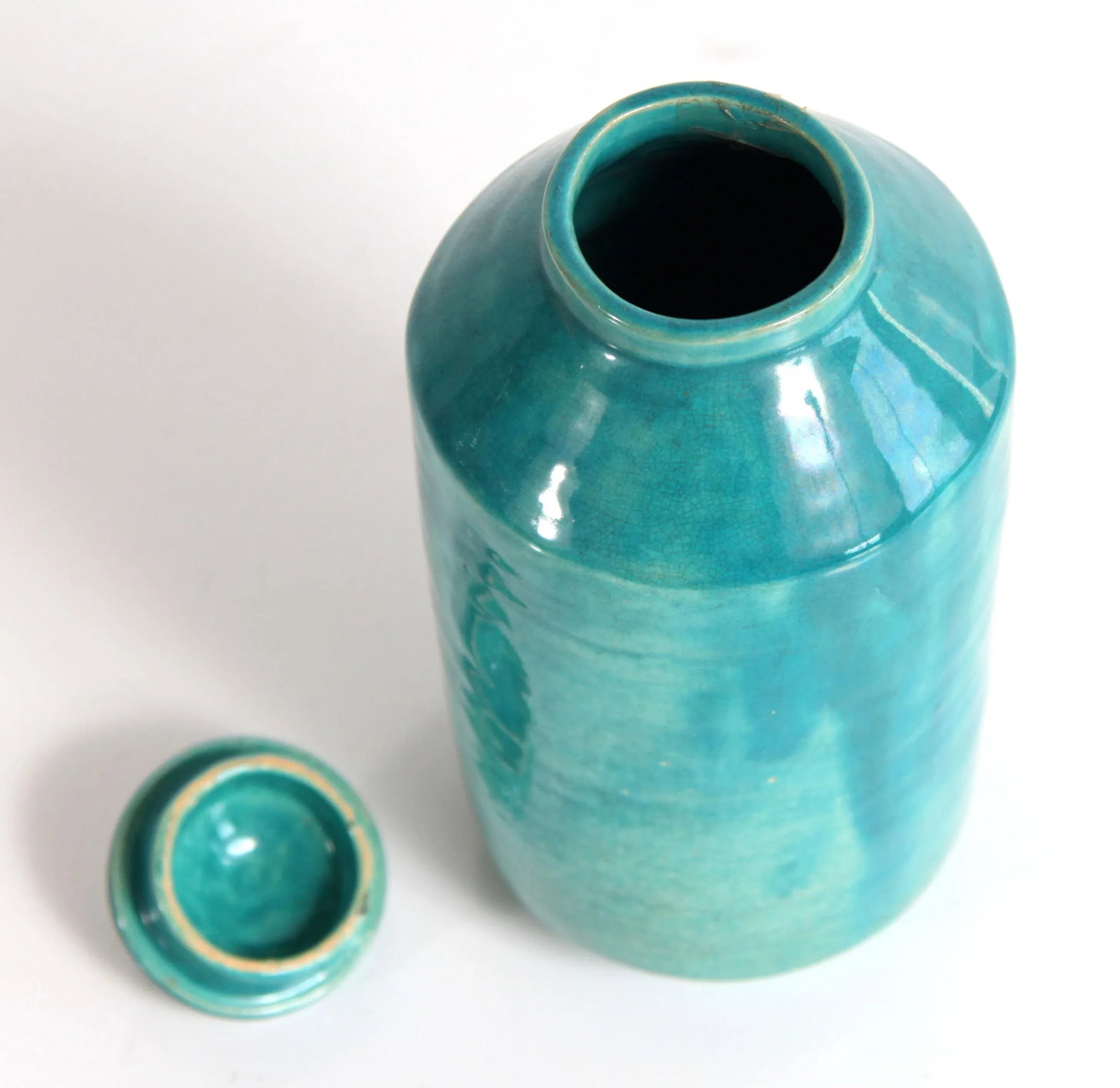 Vintage C.1938 Lidded Studio Pottery Jar in Turquoise Glaze - 5