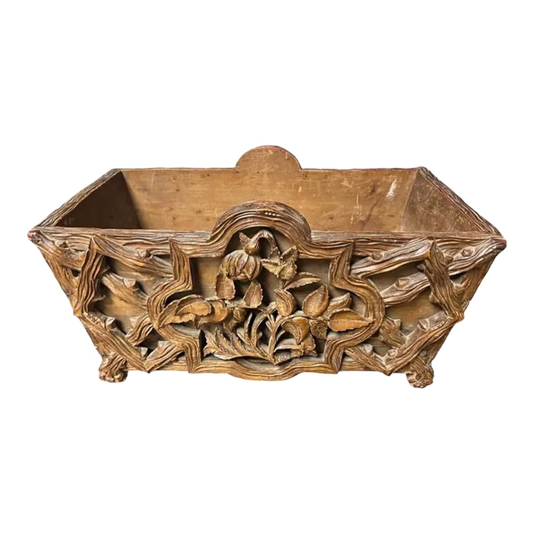 Late 19th Century Black Forest Carved Wood Jardiniere or Planter With Toby West Tag: Absolutely stunning carving on this lightweight planter. Absolutely no damage. Beautiful feet, foliate carvings. Condition: Alterations: Original Condition Unaltered Imperfections: Some Imperfections 
