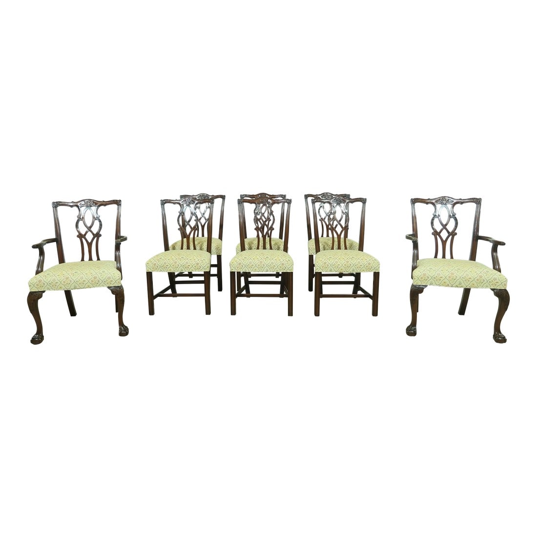 Set of 8 Kindel Chippendale Mahogany Dining Room Chairs: Approx: 30 Years Old Mahogany Fine Carved Details High Quality Construction 18 C. Design Chippendale Style Stretcher Base Frames Arm Chairs Have Ball & Claw Feet Medium Brown Mahogany Finish Offered @
