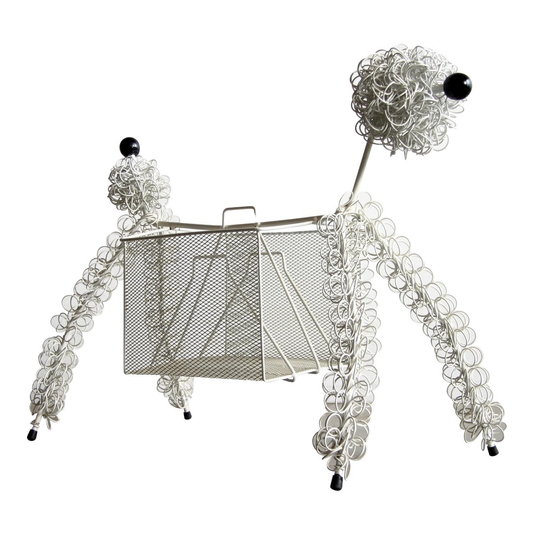 Mid Century Modern Frederic Weinberg Style Poodle Magazine Holder: Absolutely FABULOUS vintage c.1950's wrought iron magazine rack in the form of a fluffy white poodle, very much in the manner of Frederic Weinberg! It is adorable and totally functional as well, could