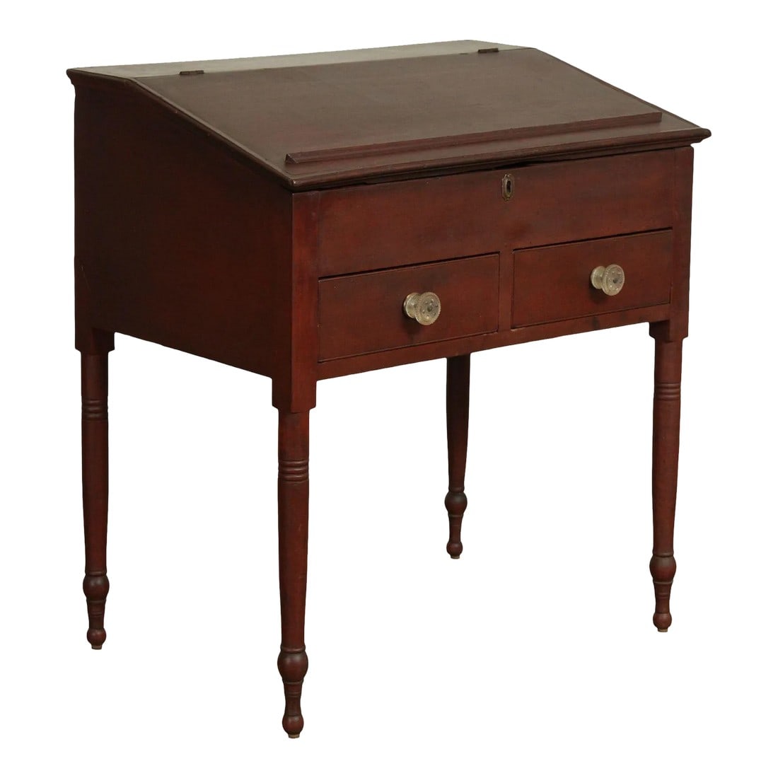 Antique 19th Century Red Painted Primitive Slant Top School Masters Desk: High Quality 1840's Solid Poplar Slant Top Writing Desk, Old Enhanced Original Red Paint, Glass Knobs Possibly Berks County Pennsylvania Condition: Alterations: Original Condition Unaltered Imperfecti