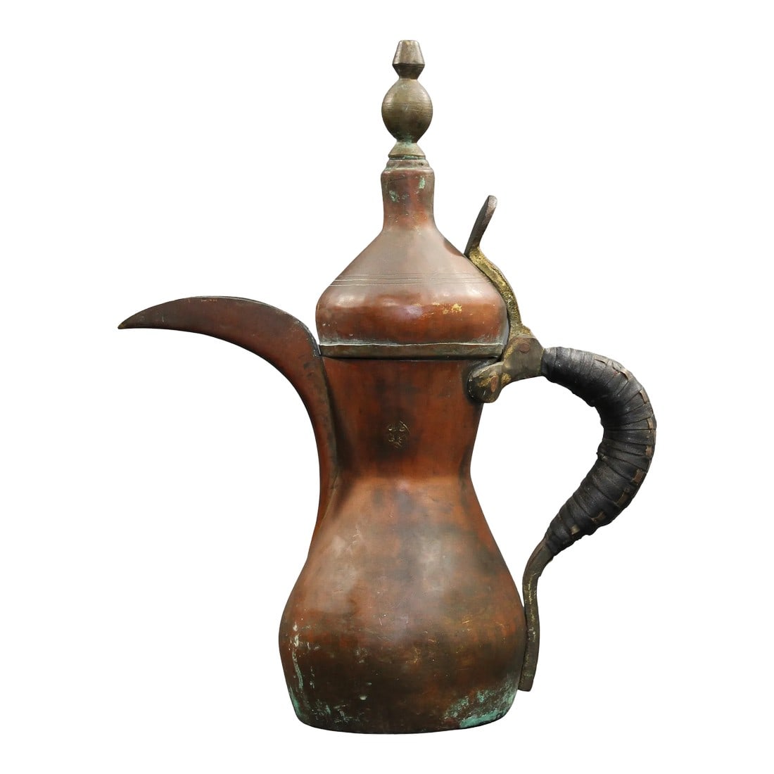 Arabian Middle Eastern Dallah Moorish Coffee Pot: 19th century Middle Eastern traditional Arabian tinned copper and brass Dallah coffee pot. Moorish Coffee pot hand-hammered copper with riveted brass finish and a very large spout. The handle is