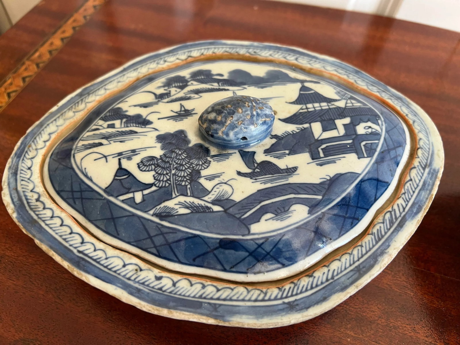 Antique Chinese Export-Style Canton Blue & White Covered Dishes- a Pair - 7