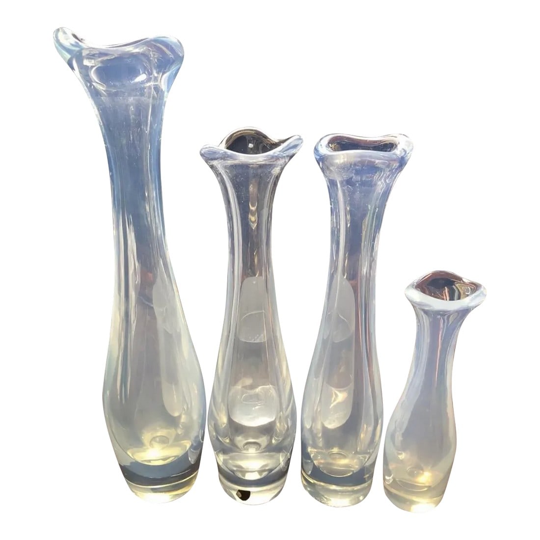 1950s Sven Palmqvist for Orrefors Opalescent Art Glass Bud Vases - Set of 4: Set Of 4 Sven Palmqvist For Orrefors Opalescent Art Glass Bud Vases Mid-Century! All signed to underside. Condition: Alterations: Original Condition Unaltered Imperfections: Some Imperfections Conditi
