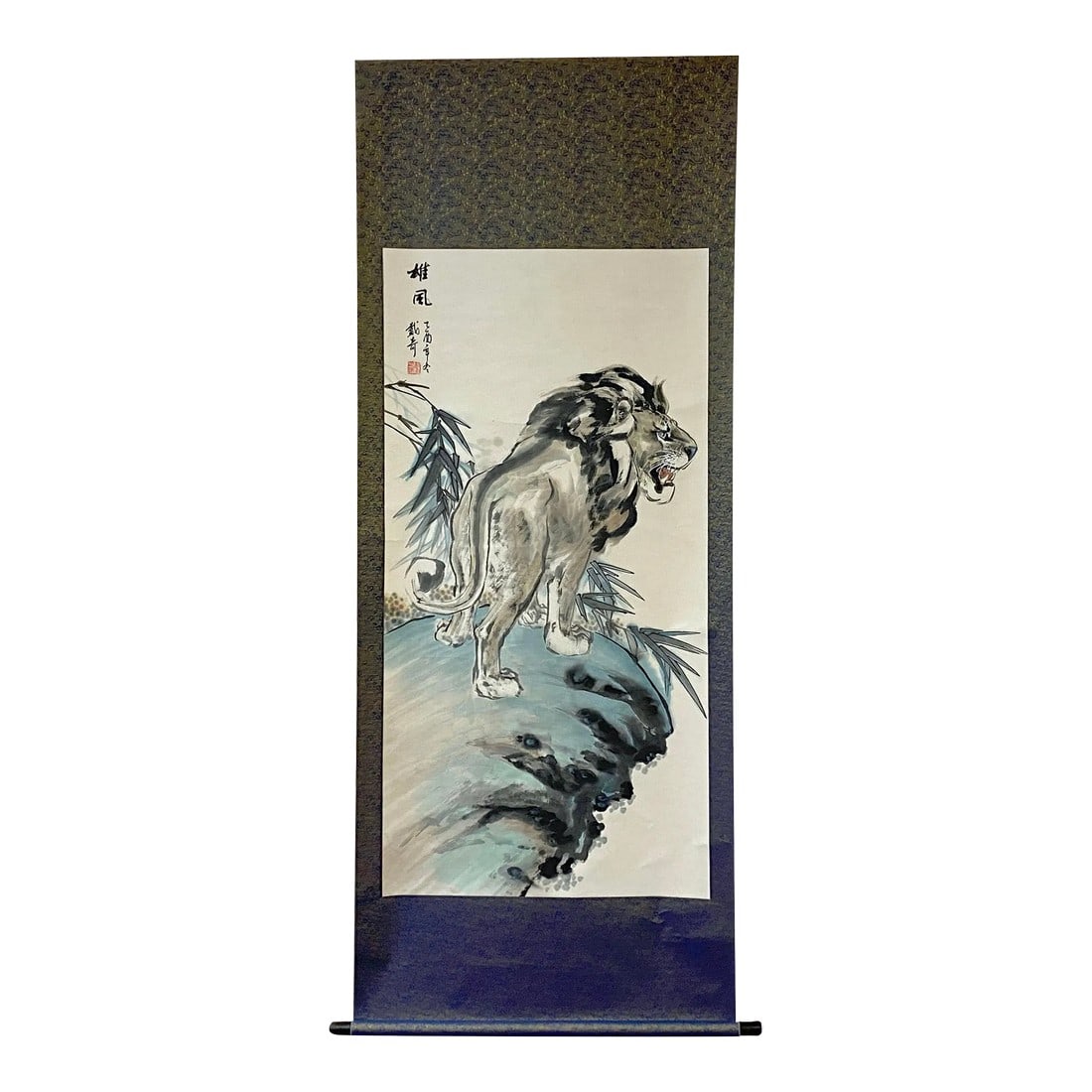 Chinese Black White Ink Lion Theme Scroll Painting Original Wall Art (1 of 6)