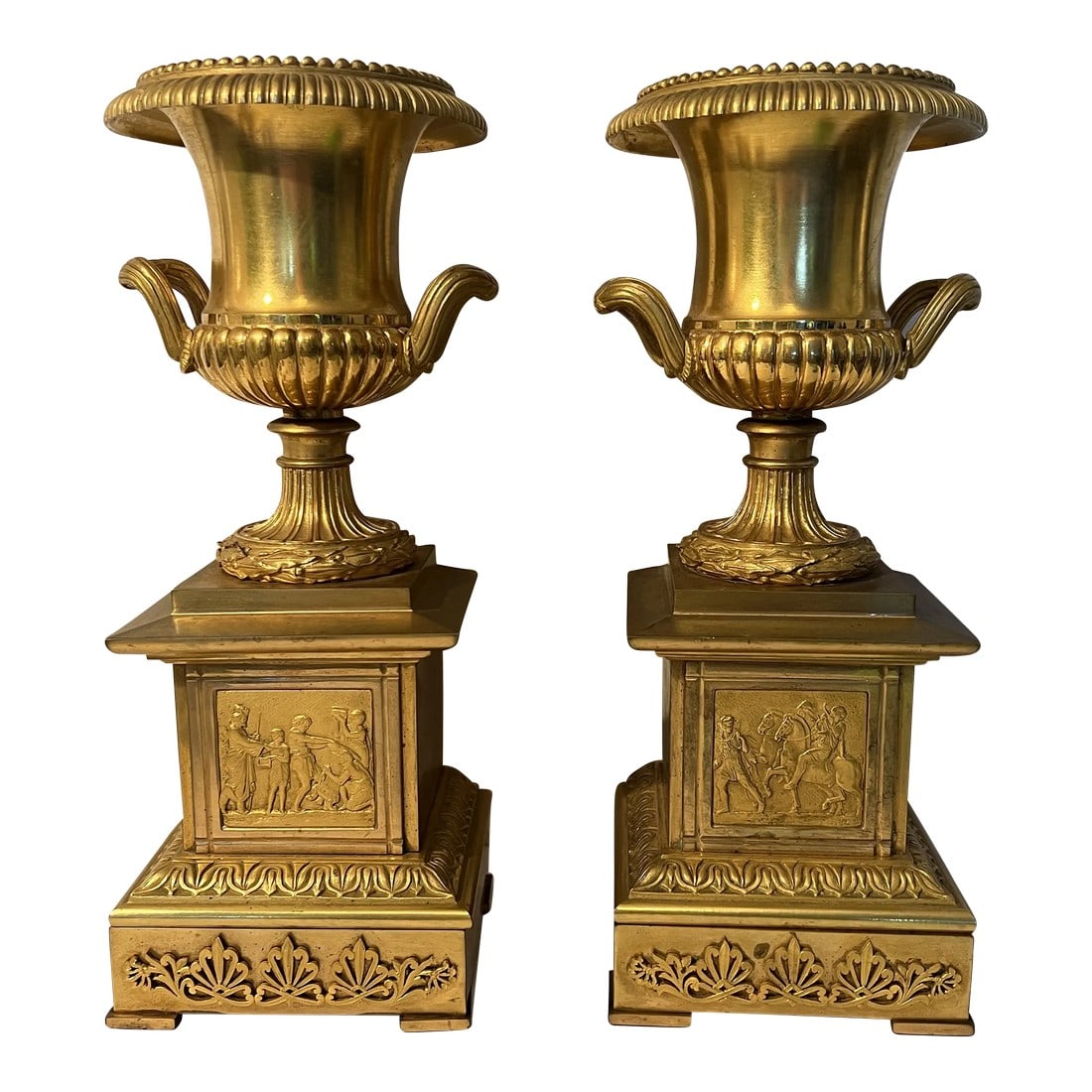 19th Century Neoclassical Gilt Bronze Grand Tour Mounted Urns - a Pair: These urns are extremely high quality in decoration and casting. True Neoclassical gilt bronze grand tour objects and what makes it better? A PAIR! Condition: Alterations: Original Condition