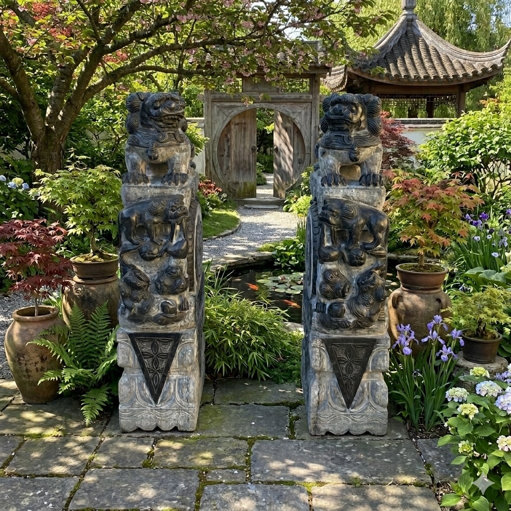 Chinese Pair Gray Stone Fengshui Foo Dogs Lions Door Block Statue - 10
