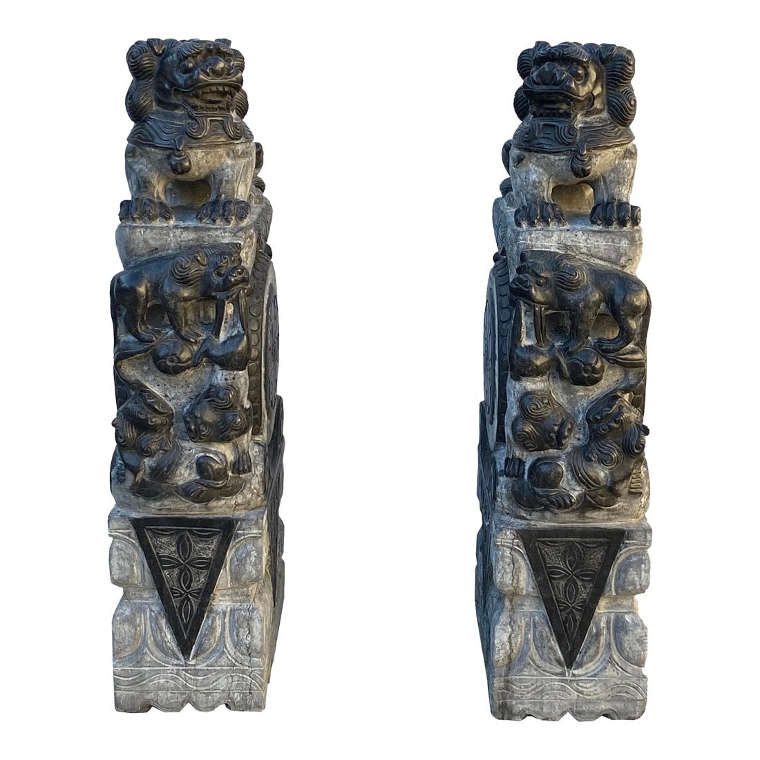 Chinese Pair Gray Stone Fengshui Foo Dogs Lions Door Block Statue: This is a pair of traditional Chinese door block statues at the front door. They have a Fengshui purpose as well as a door base of the wooden doors. It is a charm meaningful Fengshui statue at the hom