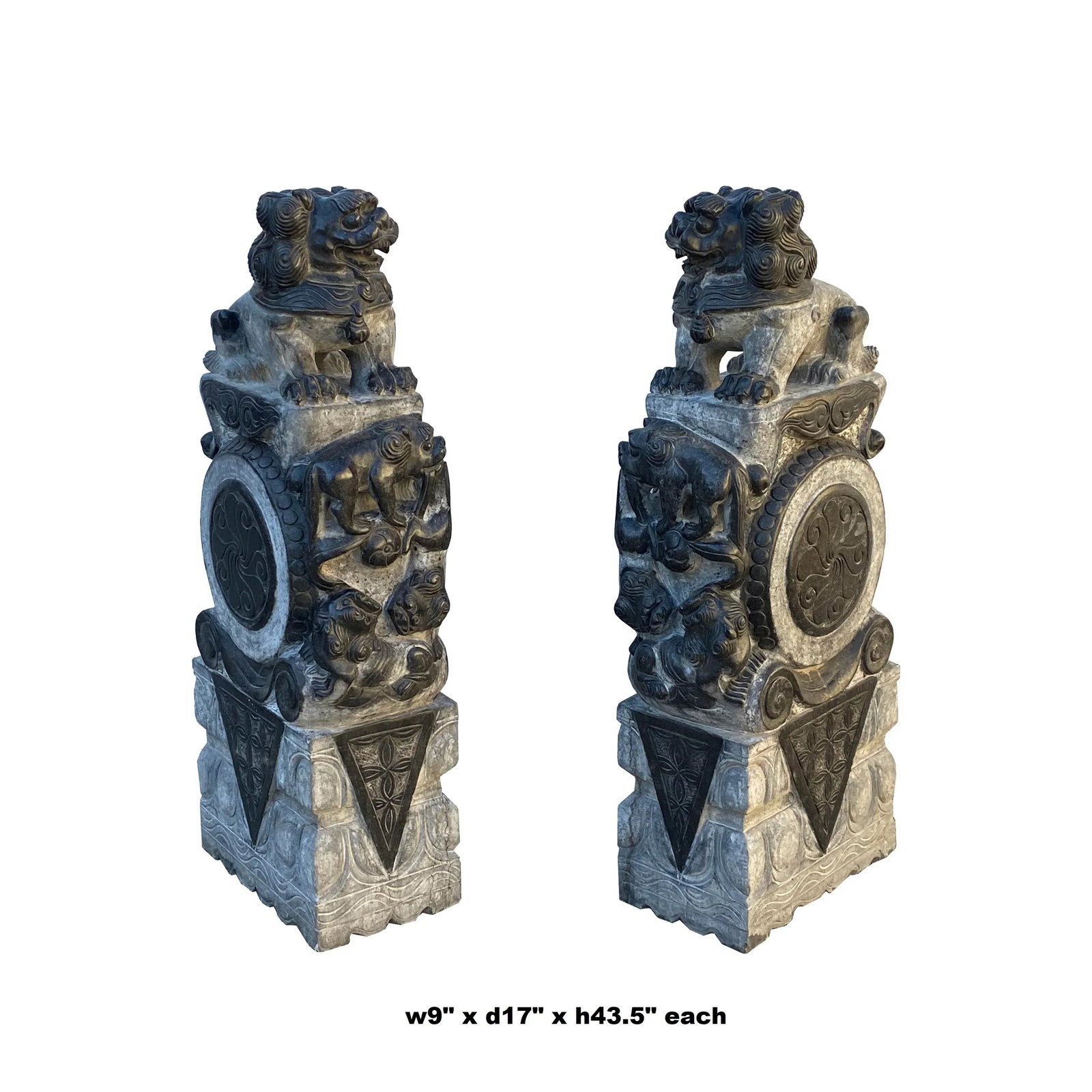 Chinese Pair Gray Stone Fengshui Foo Dogs Lions Door Block Statue - 2