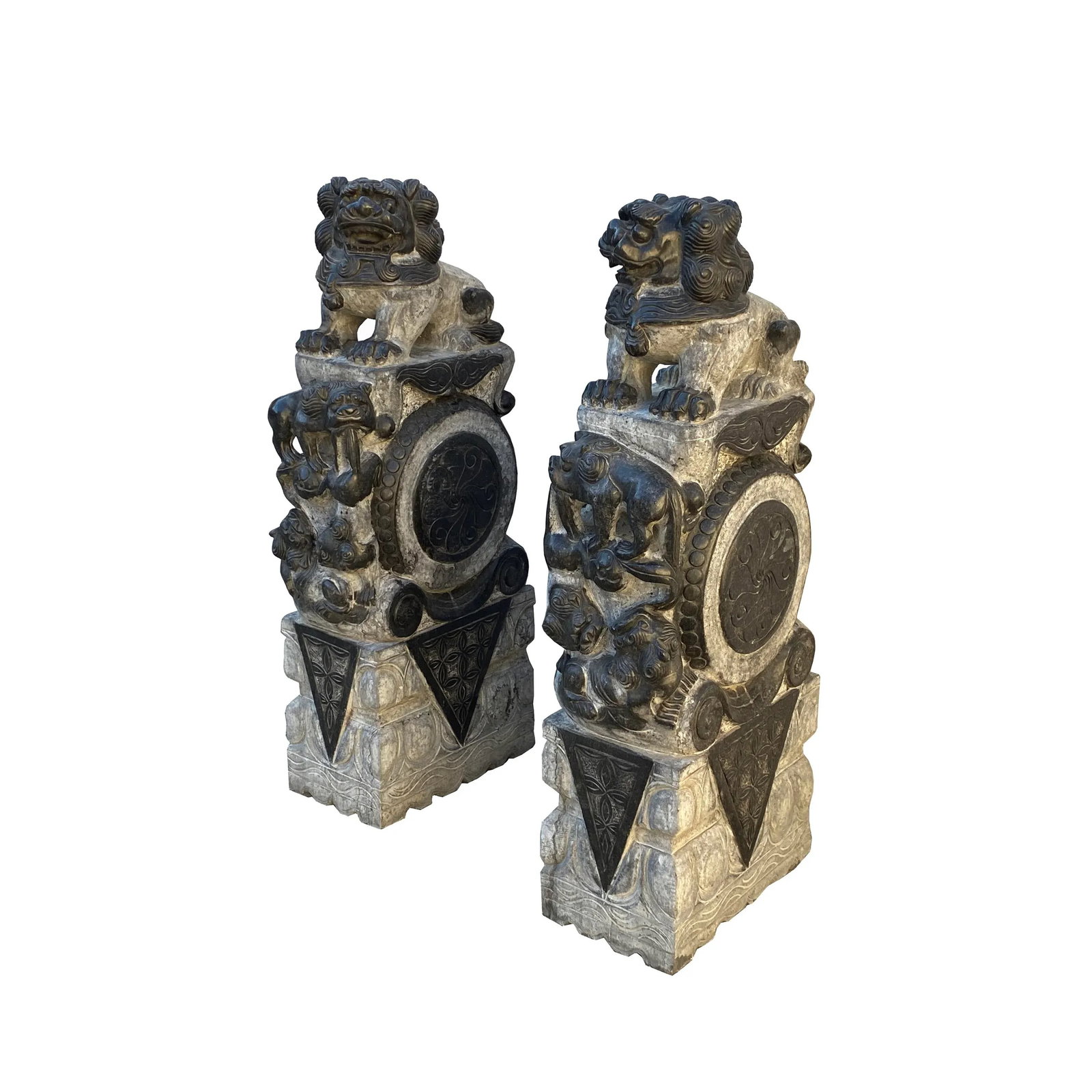 Chinese Pair Gray Stone Fengshui Foo Dogs Lions Door Block Statue - 3