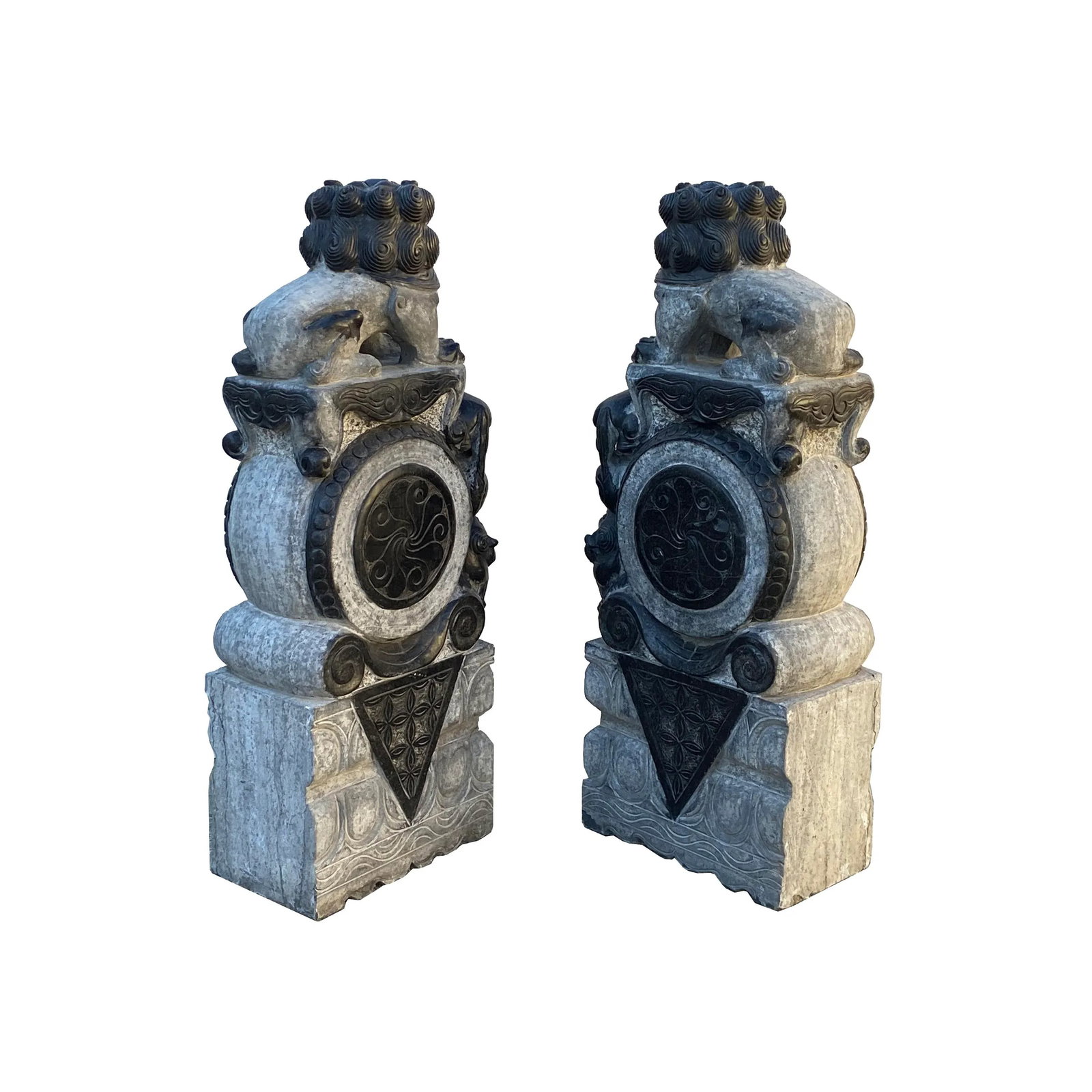 Chinese Pair Gray Stone Fengshui Foo Dogs Lions Door Block Statue - 4