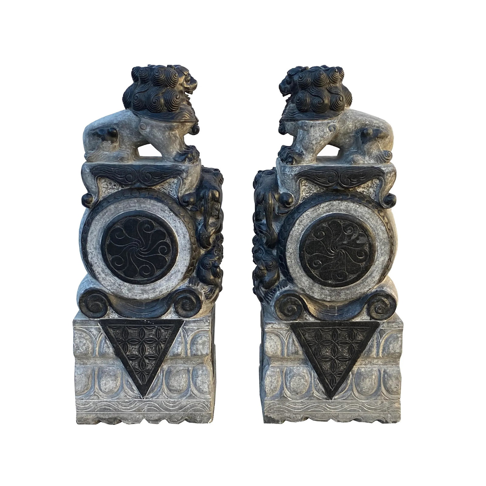 Chinese Pair Gray Stone Fengshui Foo Dogs Lions Door Block Statue - 5