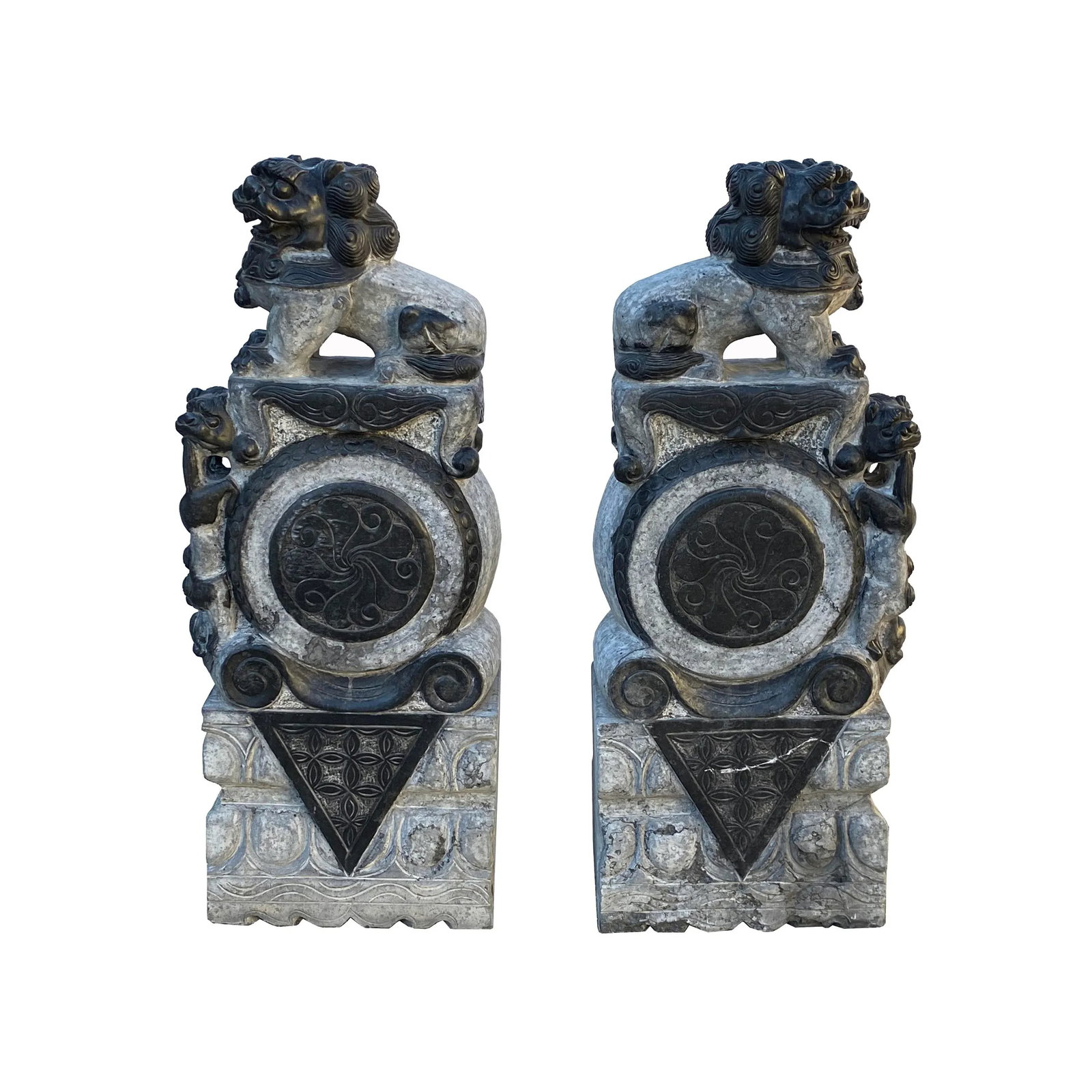 Chinese Pair Gray Stone Fengshui Foo Dogs Lions Door Block Statue - 6
