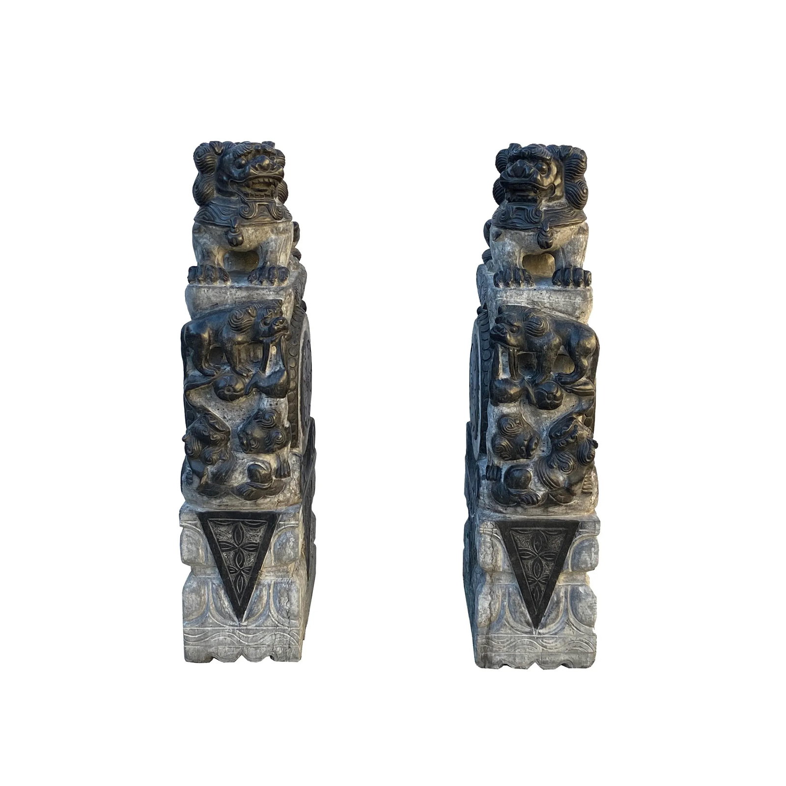 Chinese Pair Gray Stone Fengshui Foo Dogs Lions Door Block Statue - 7