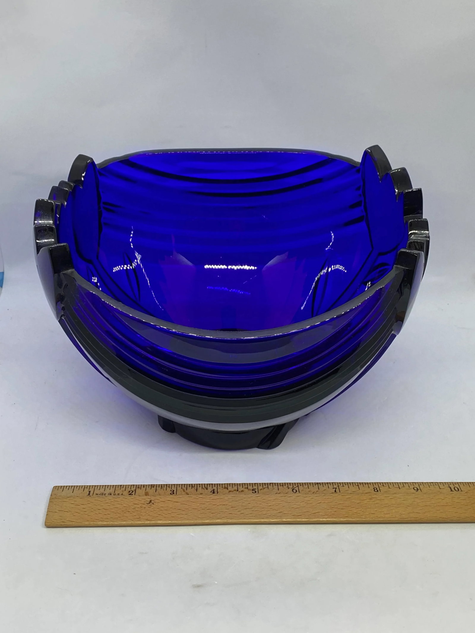 Vintage Cobalt Blue Art Deco Bowl With Tulip Design - 12