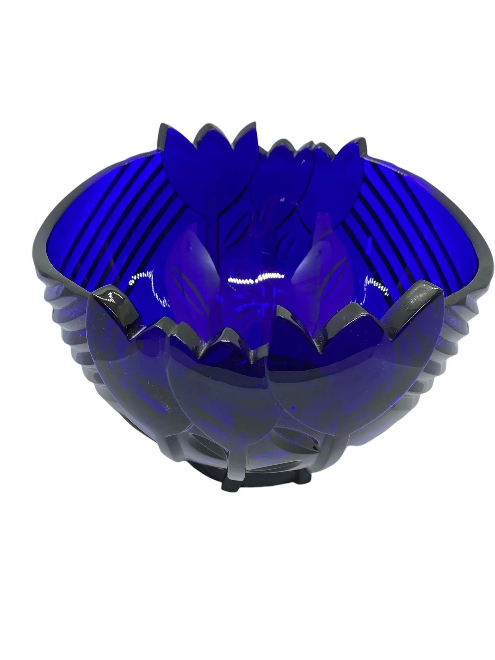 Vintage Cobalt Blue Art Deco Bowl With Tulip Design - 4
