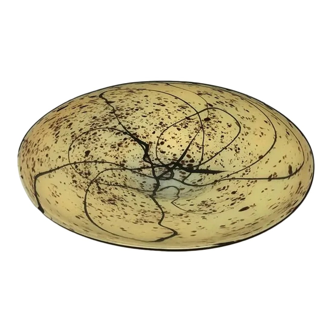 Early 21st Century R. Pele Ricardas Peleckas Signed Art Glass Bowl: Gorgeous decorative art glass bowl that's been signed by the artist, R. Pele is a stunning addition to your tabletop. Its a mustard yellow with abstract lines and markings in brown and black. Will go