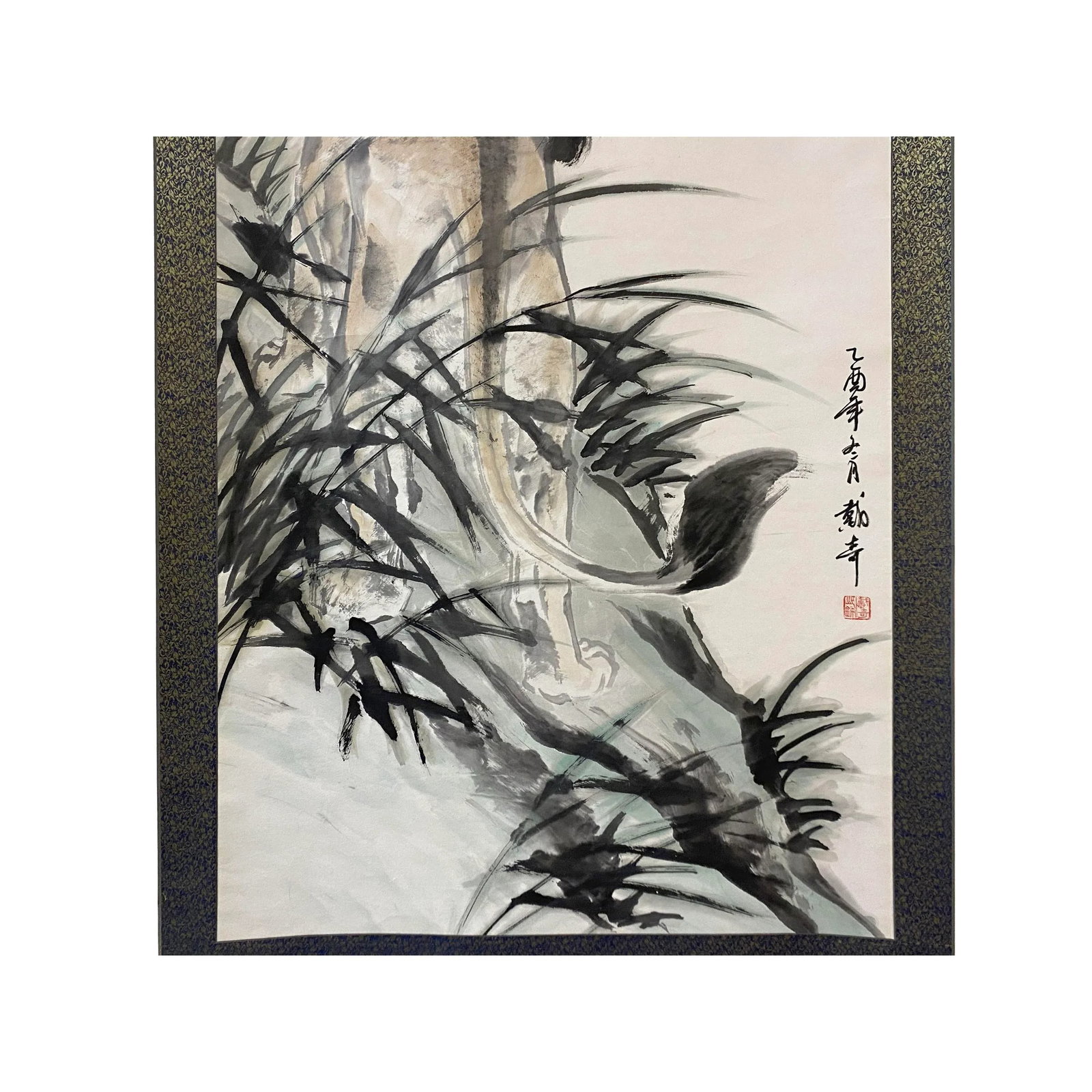Chinese Black White Ink Lion Theme Scroll Painting Original Wall Art - 3
