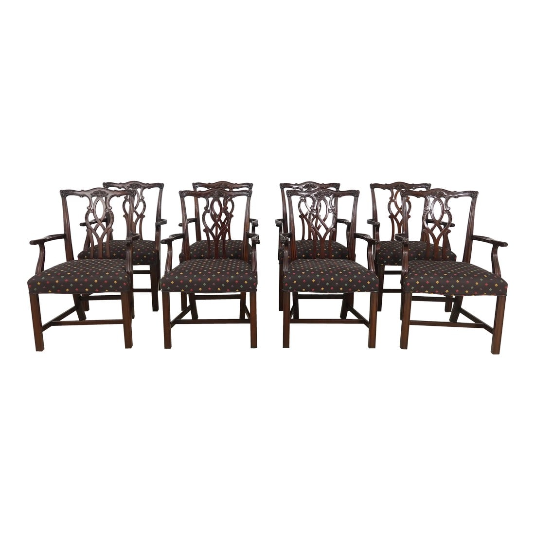 Set of 8 Kindel Oxford Mahogany Chippendale Armchairs: C.1991 Oxford Finish Mahogany Fine Carved Details High Quality Construction 18 C. Design Chippendale Style Traditional Style Stretcher Base Frames Great For Dining Room Or Conference Room Contact Us