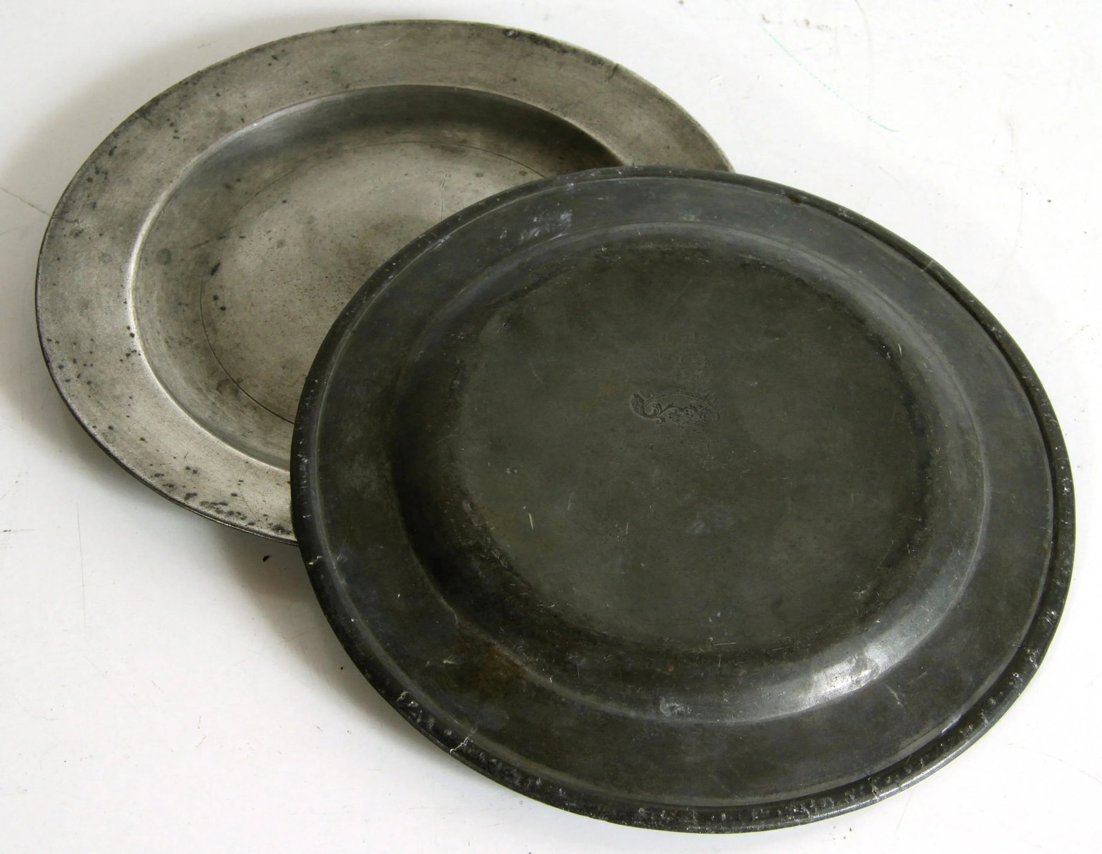 Antique 18th C. Georgian Distressed English Pewter Dinner Plates From London - a Pair - 3