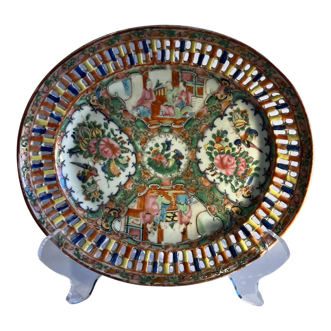 19th Century Chinese Rose Medallion Pierced Platter: 19th century chinese famille rose medallion pierced platter with multi polychromed decoration. Figural and bird windows to center. Condition: Alterations: Original Condition Unaltered Imperfections: